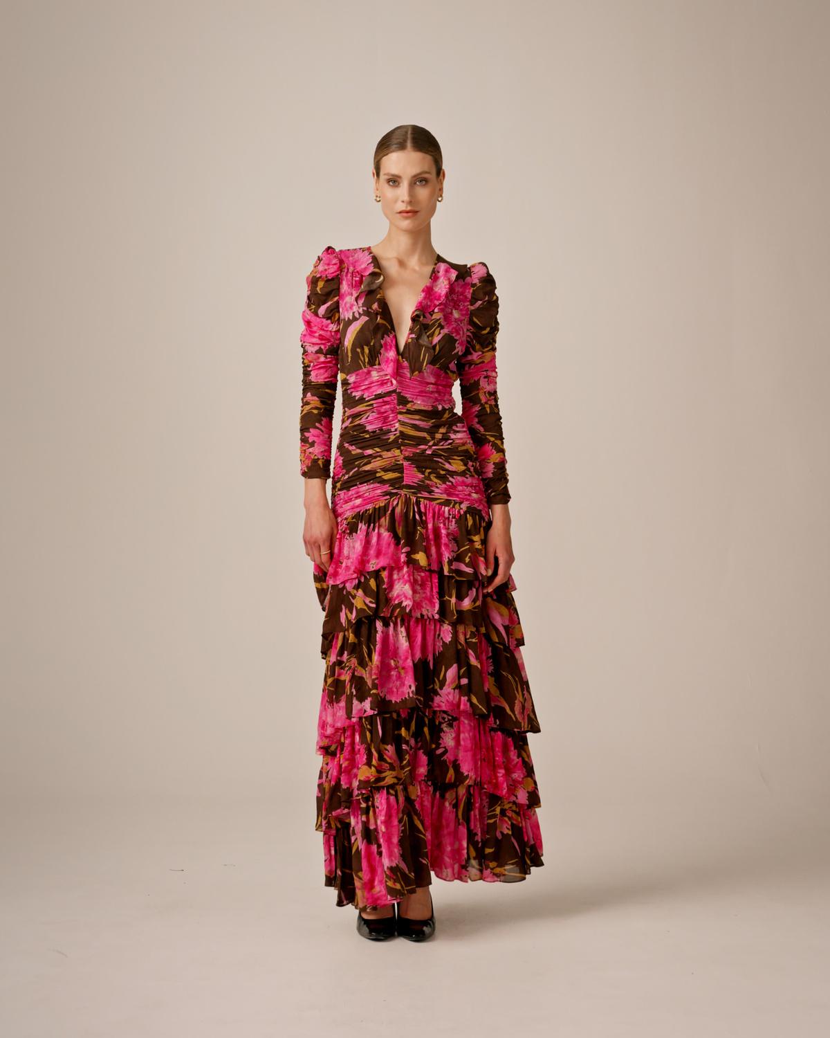 Georgette Flounce Gown, Poppy Pink. Image #5