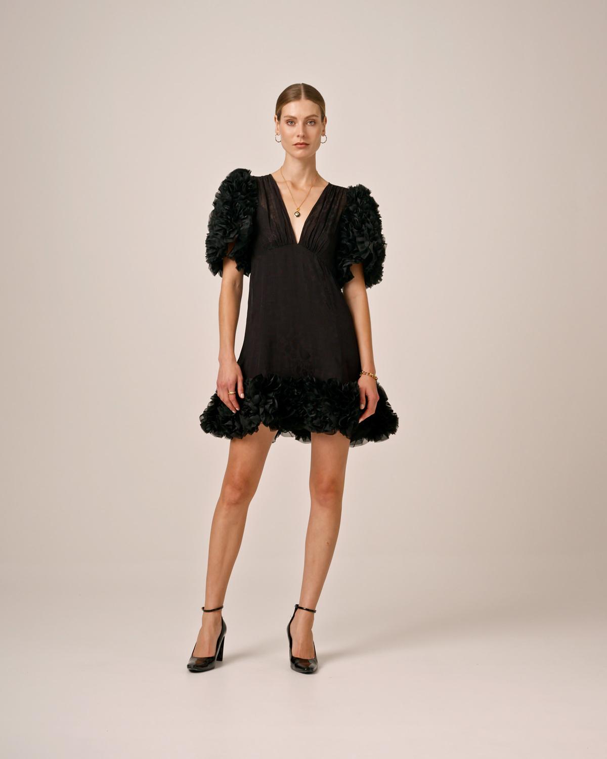 Georgette V-Neck Dress, Black. Image #1