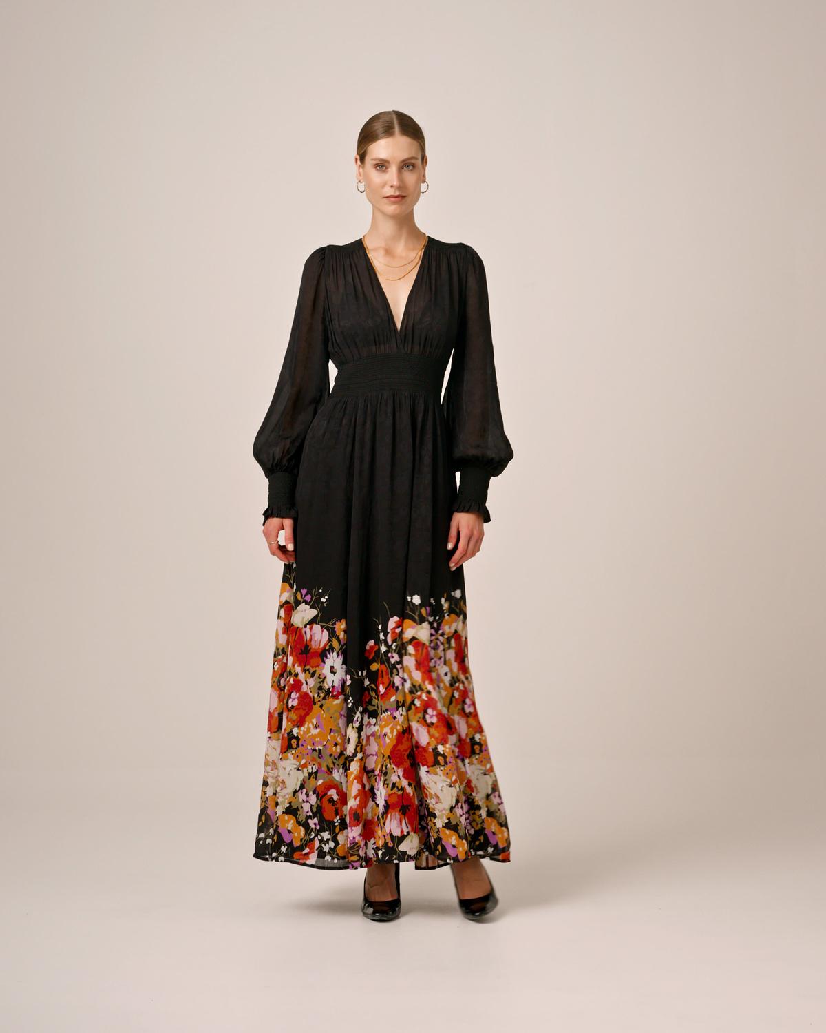 Georgette Smocking Gown, Dark Bloom. Image #1