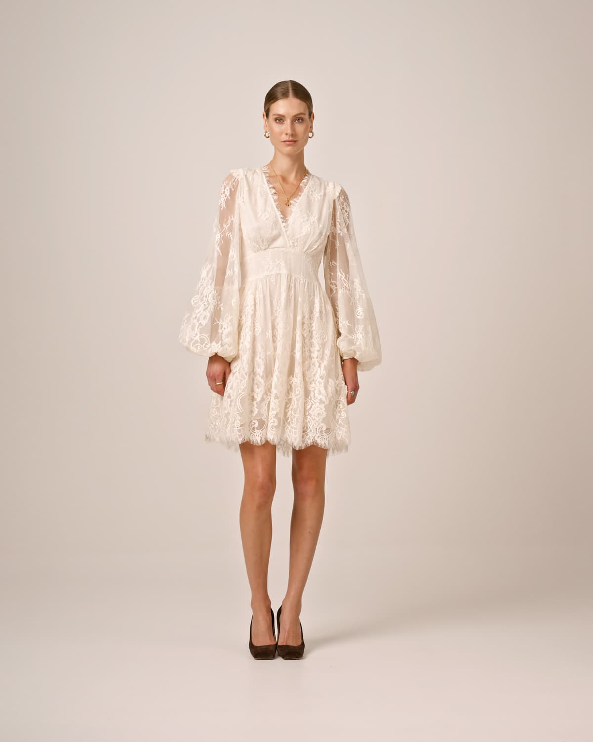 Lace V-Neck Dress, Vintage White. Image #1