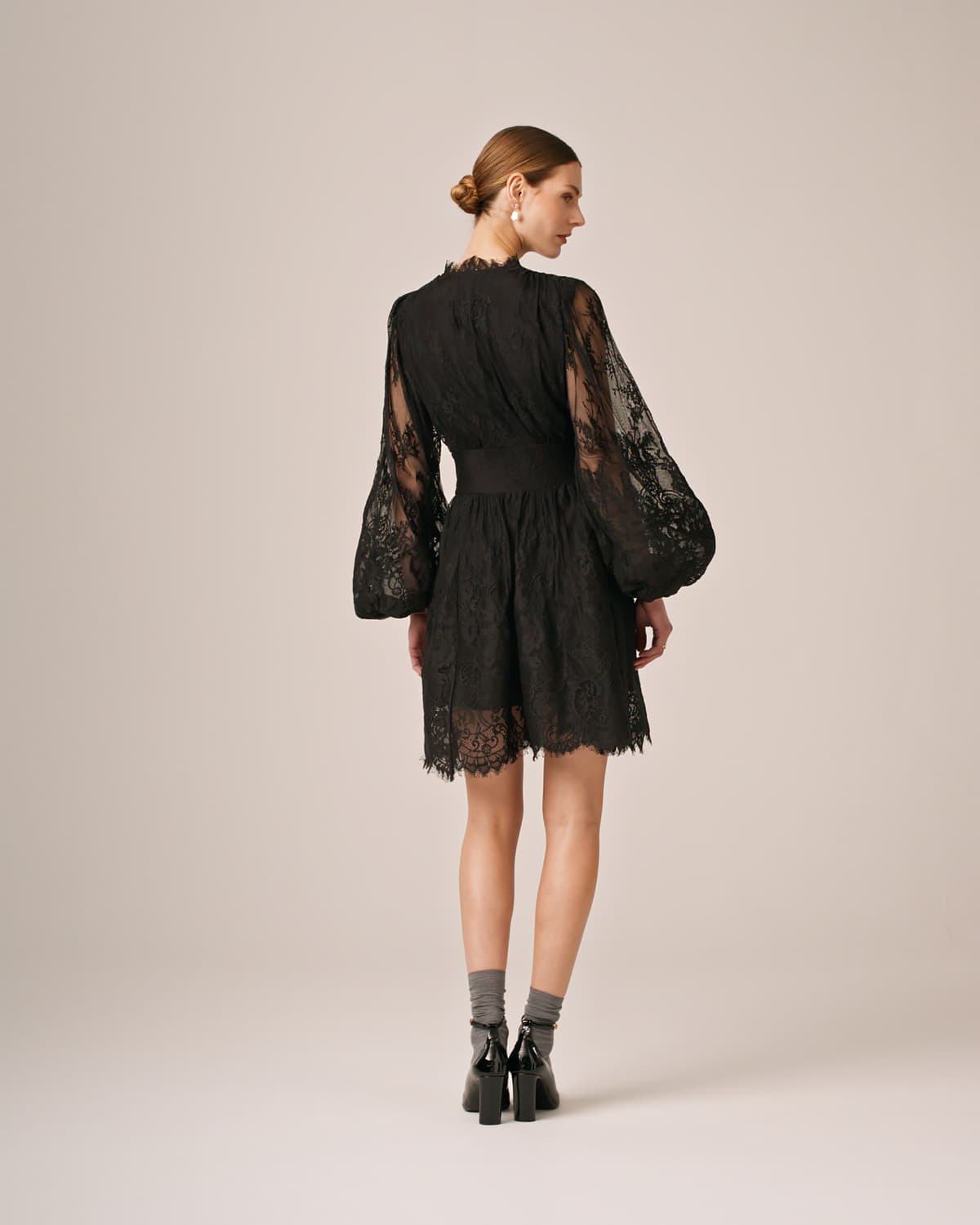 Lace V-Neck Dress, Black. Image #3