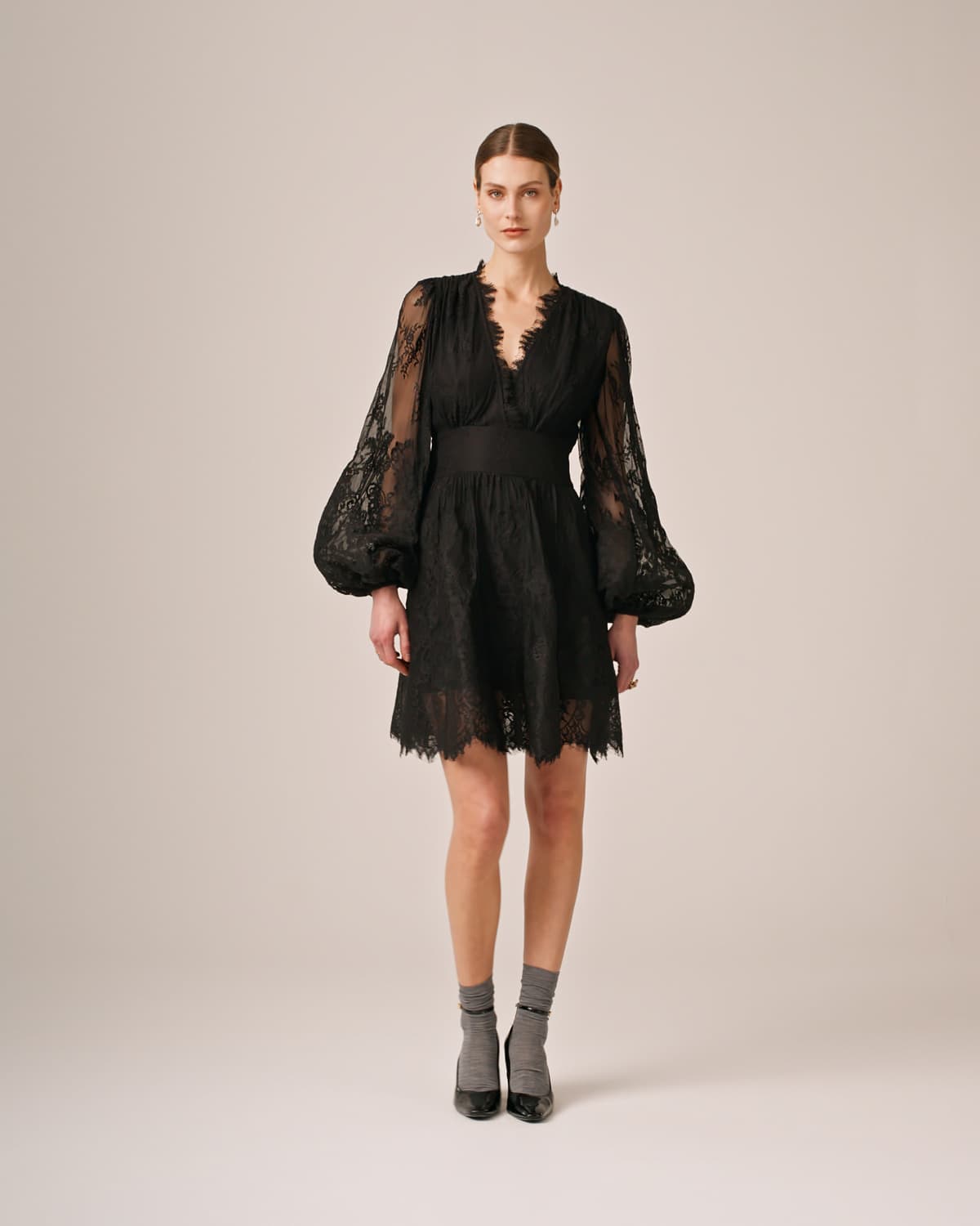 Lace V-Neck Dress, Black. Image #1