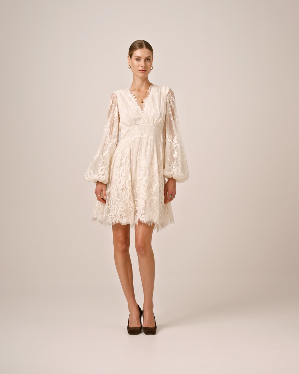 Lace V-Neck Dress, Vintage White. Image #2