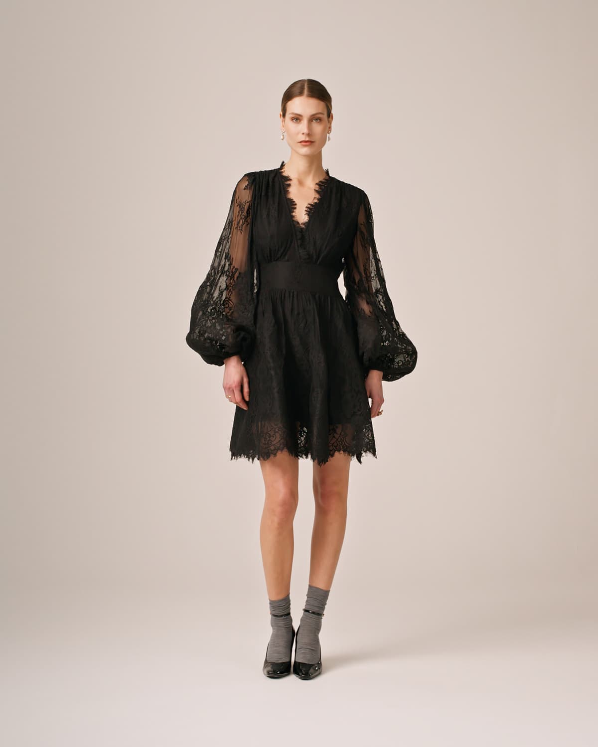 Lace V-Neck Dress, Black. Image #2