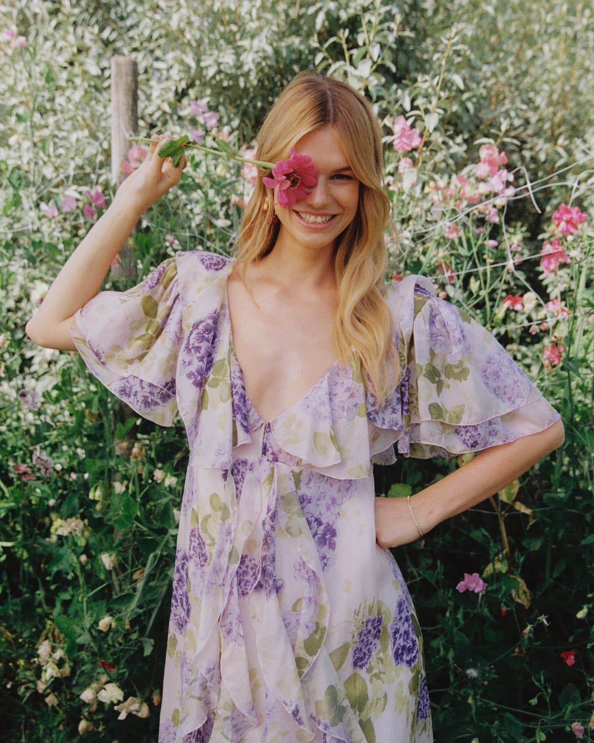 Cupro Ruffle Dress, Purple Flowerfield. Image #1