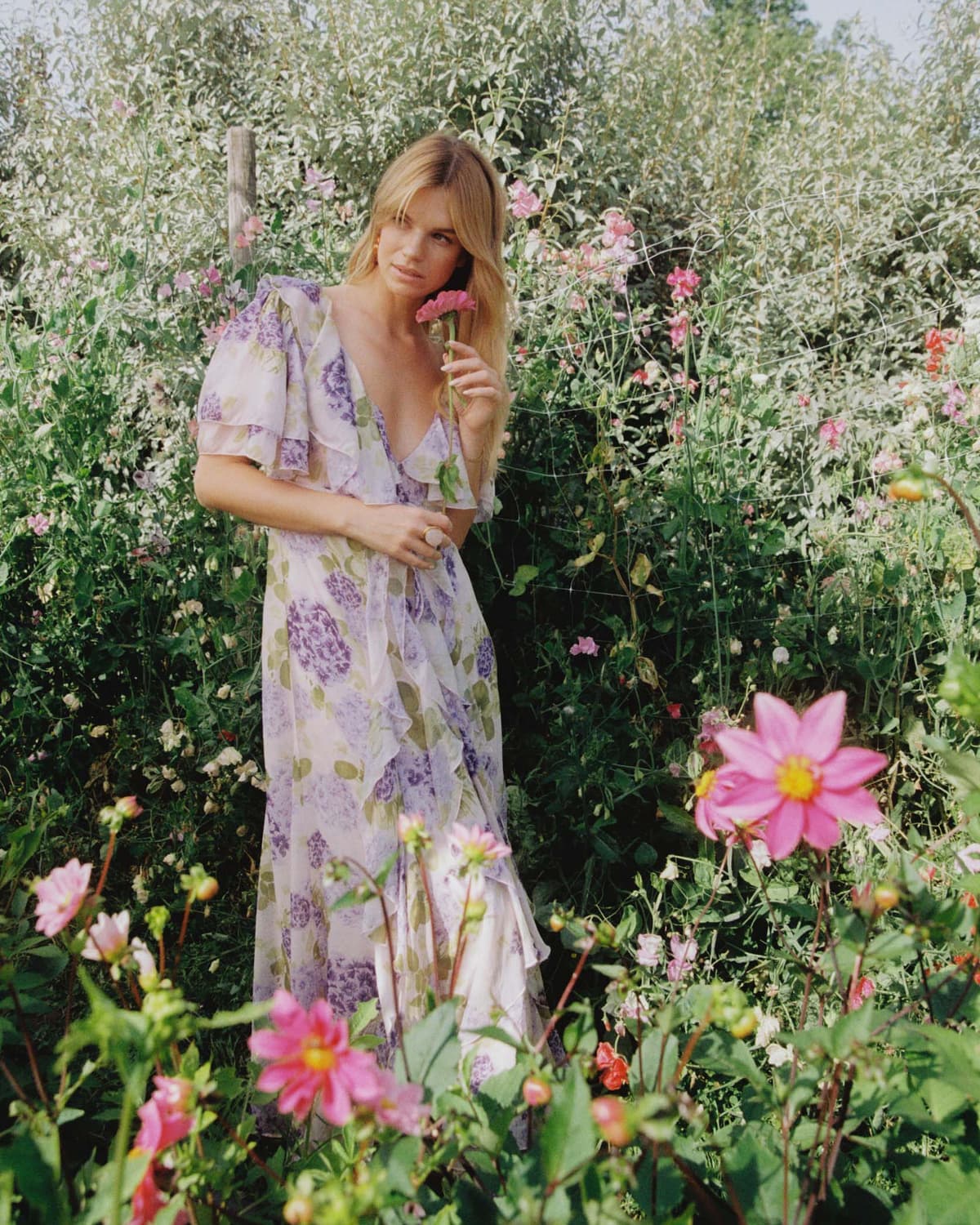Cupro Ruffle Dress, Purple Flowerfield. Image #2