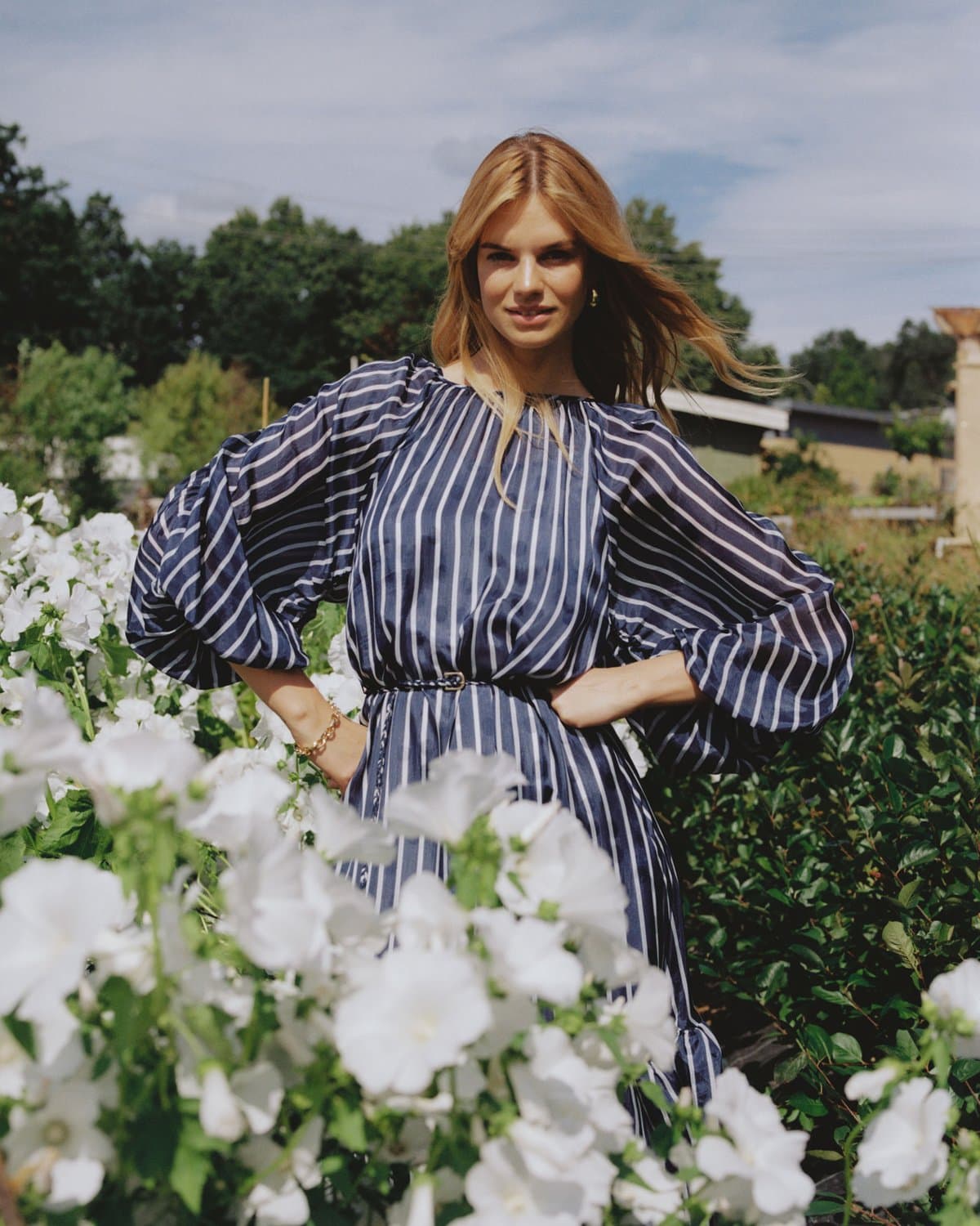 Cupro Puffed Dress, Blue Stripe. Image #1