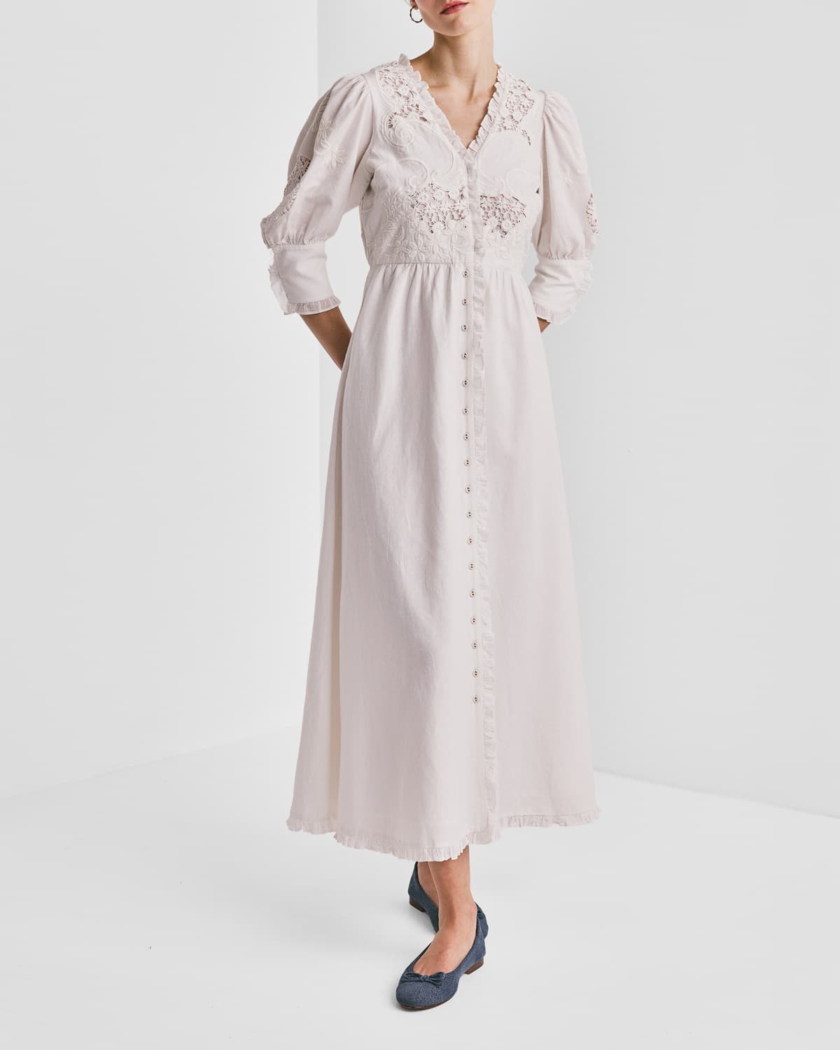 Linen Button-Down Dress, Off White. Image #1