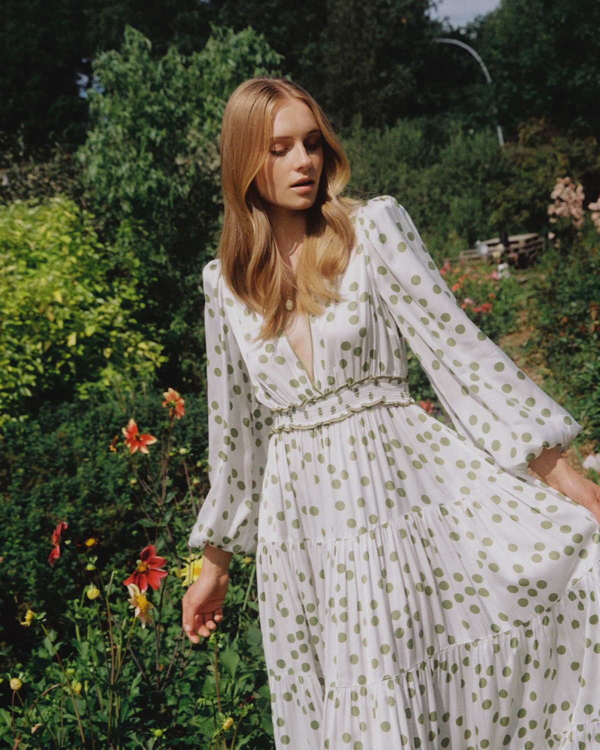 Satin Maxi Dress, Green Dots. Image #1