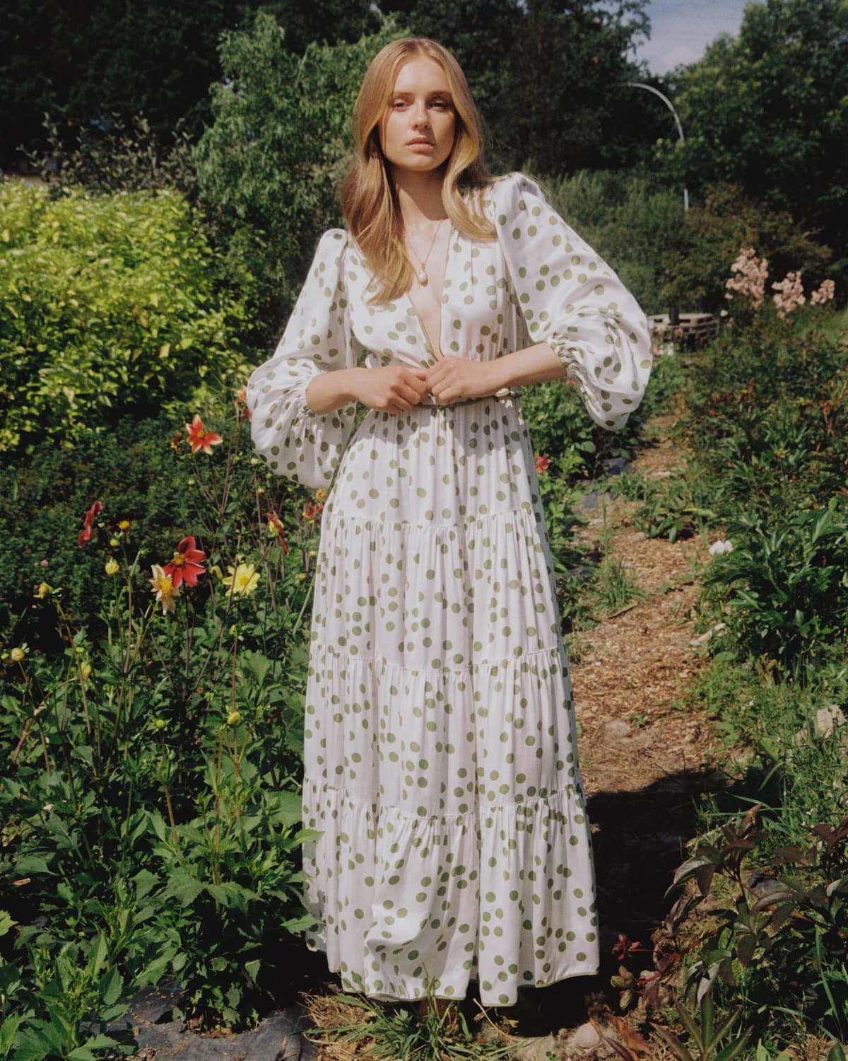 Satin Maxi Dress, Green Dots. Image #4