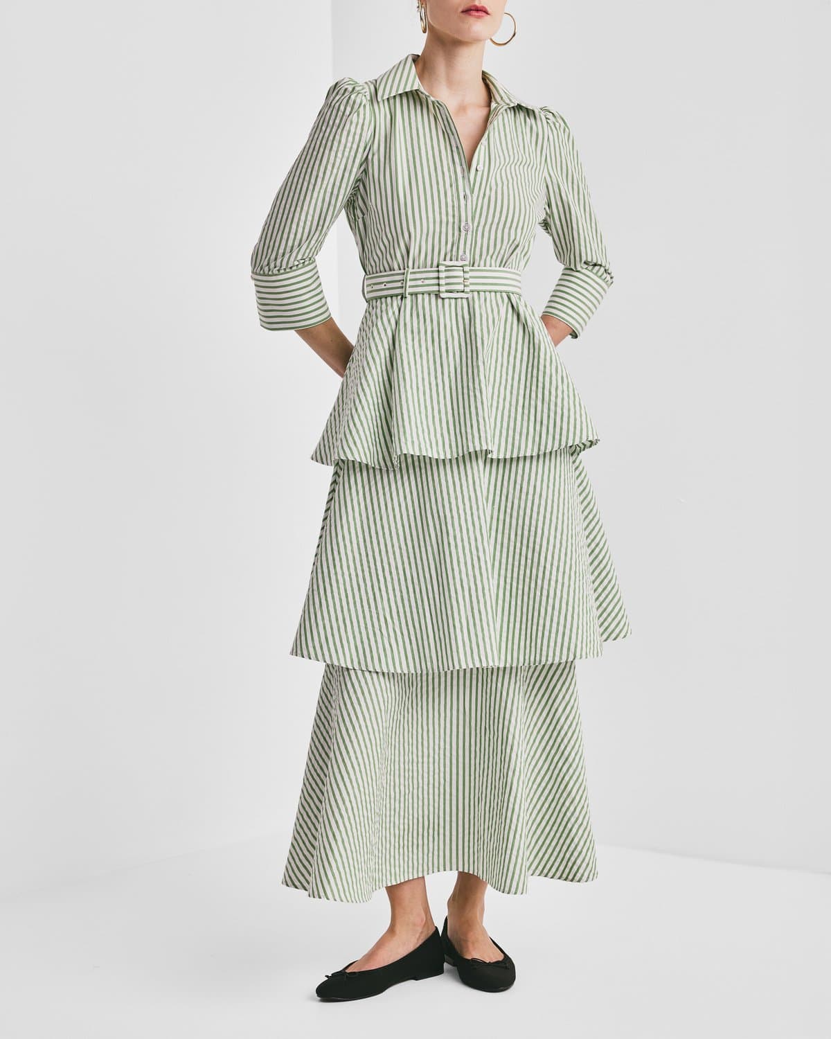 Seersucker Shirt Dress, Green Stripe. Image #1