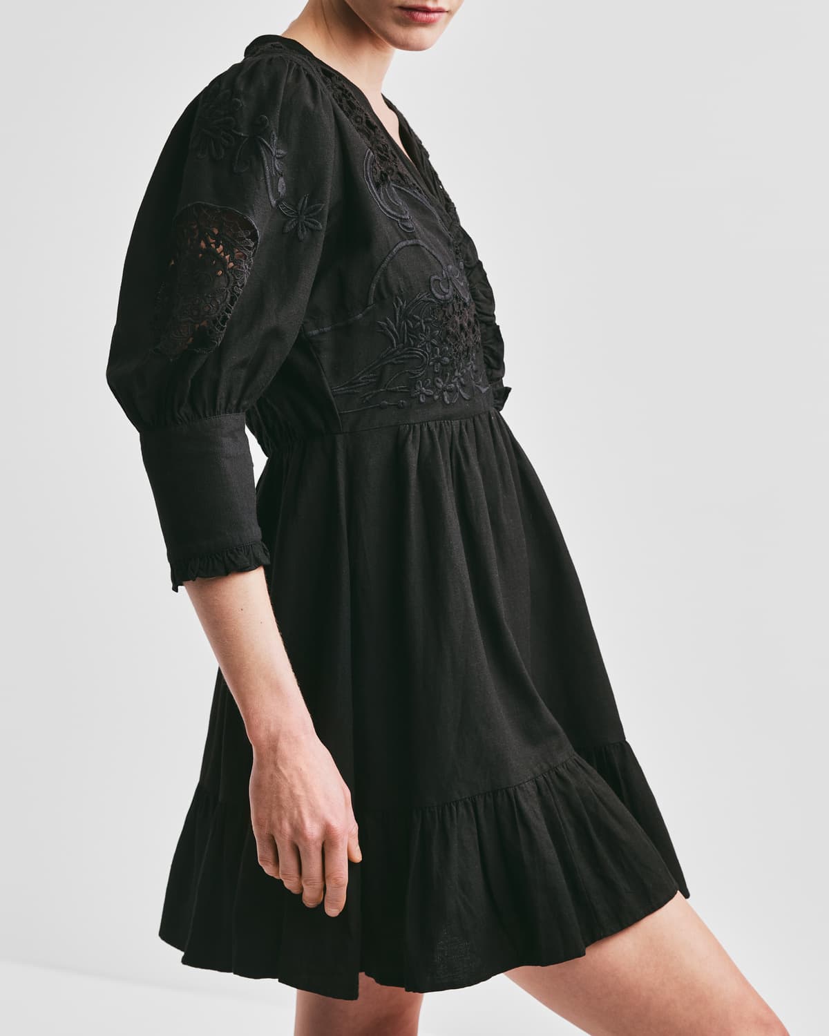 Linen Mini Dress, Black. Image #2