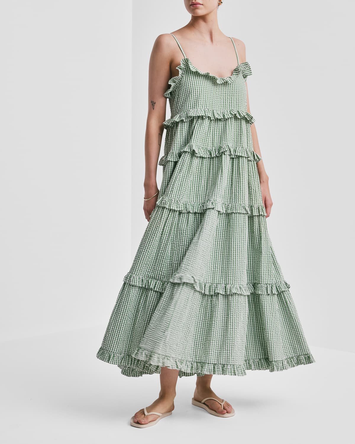 Seersucker Strap Dress, Green Checks. Image #1