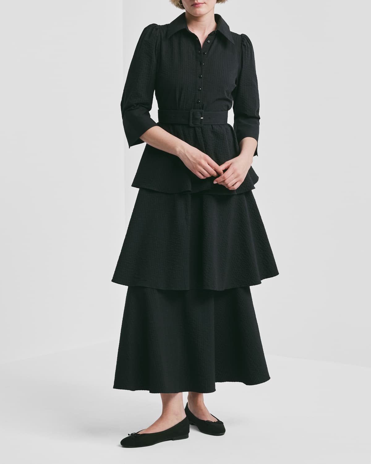 Seersucker Flounce Dress, Black. Image #1
