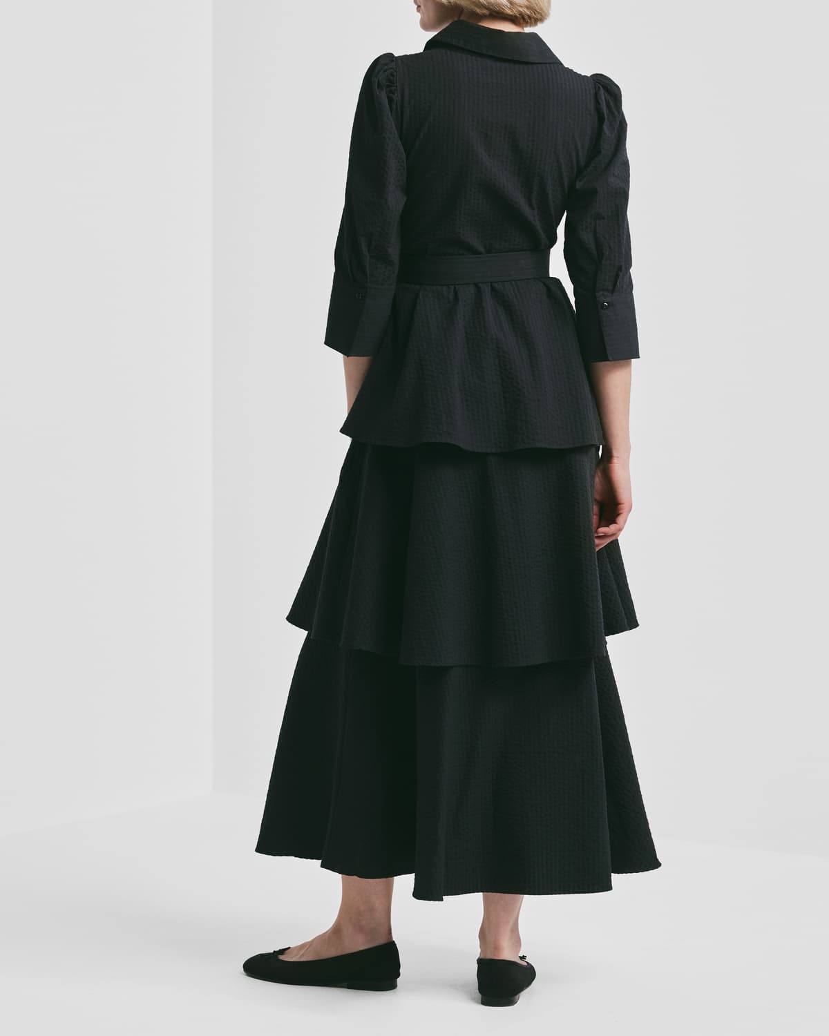 Seersucker Flounce Dress, Black. Image #3