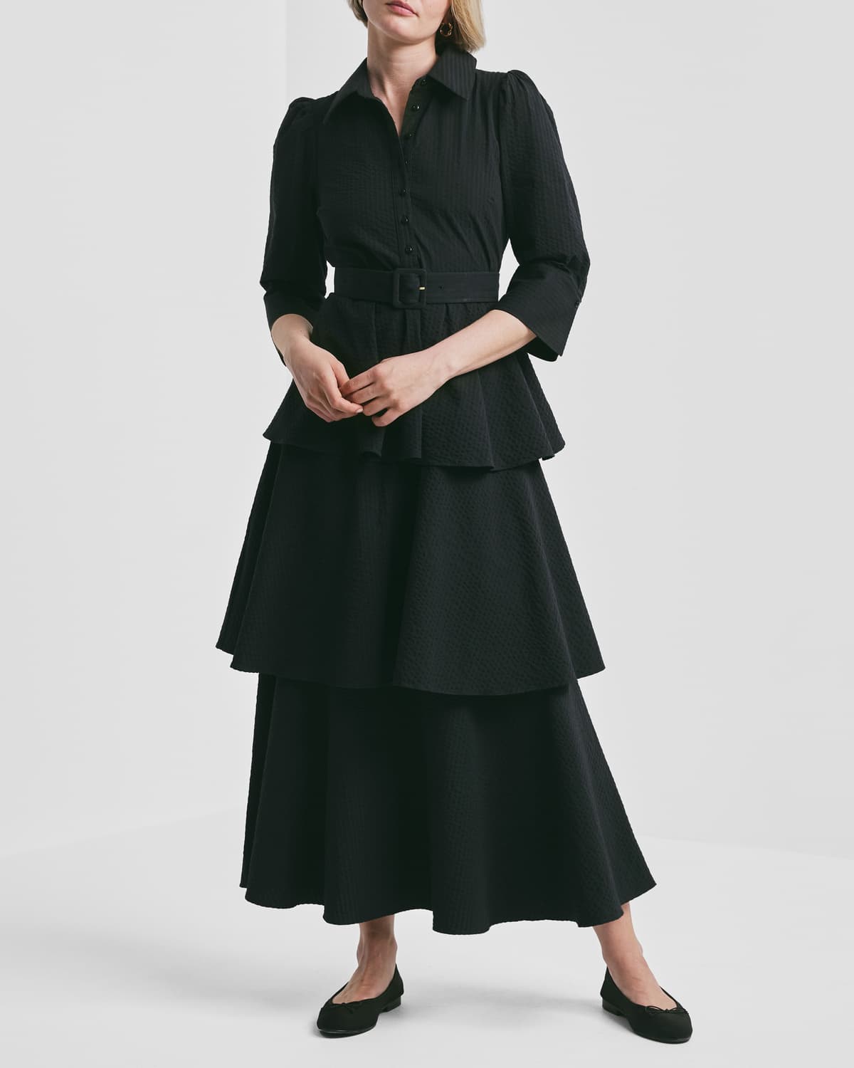 Seersucker Flounce Dress, Black. Image #2