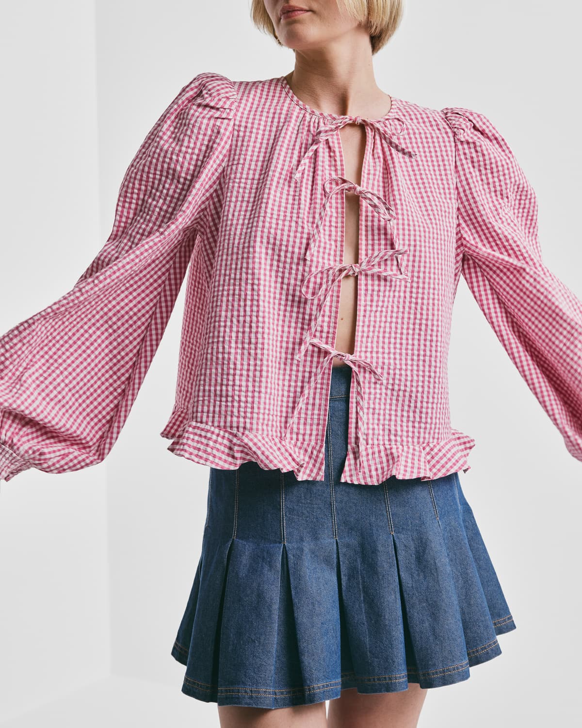 Seersucker Bow Blouse, Pink Checks. Image #1