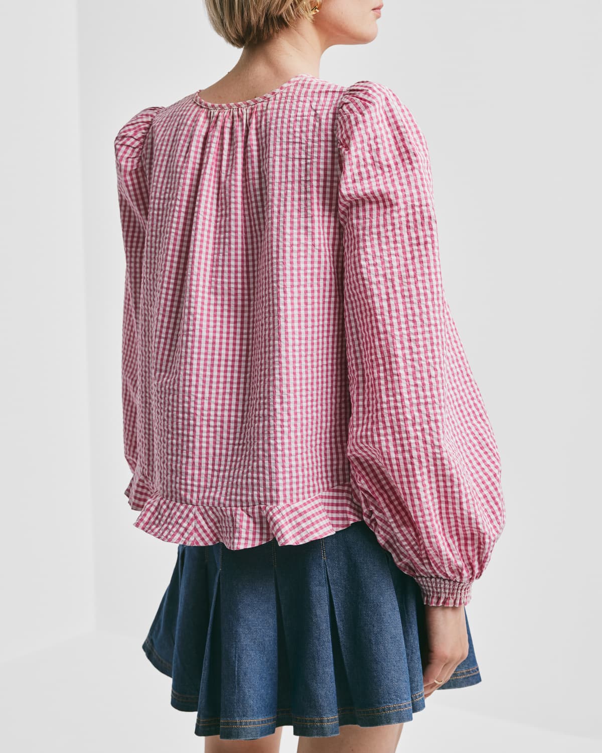 Seersucker Bow Blouse, Pink Checks. Image #4