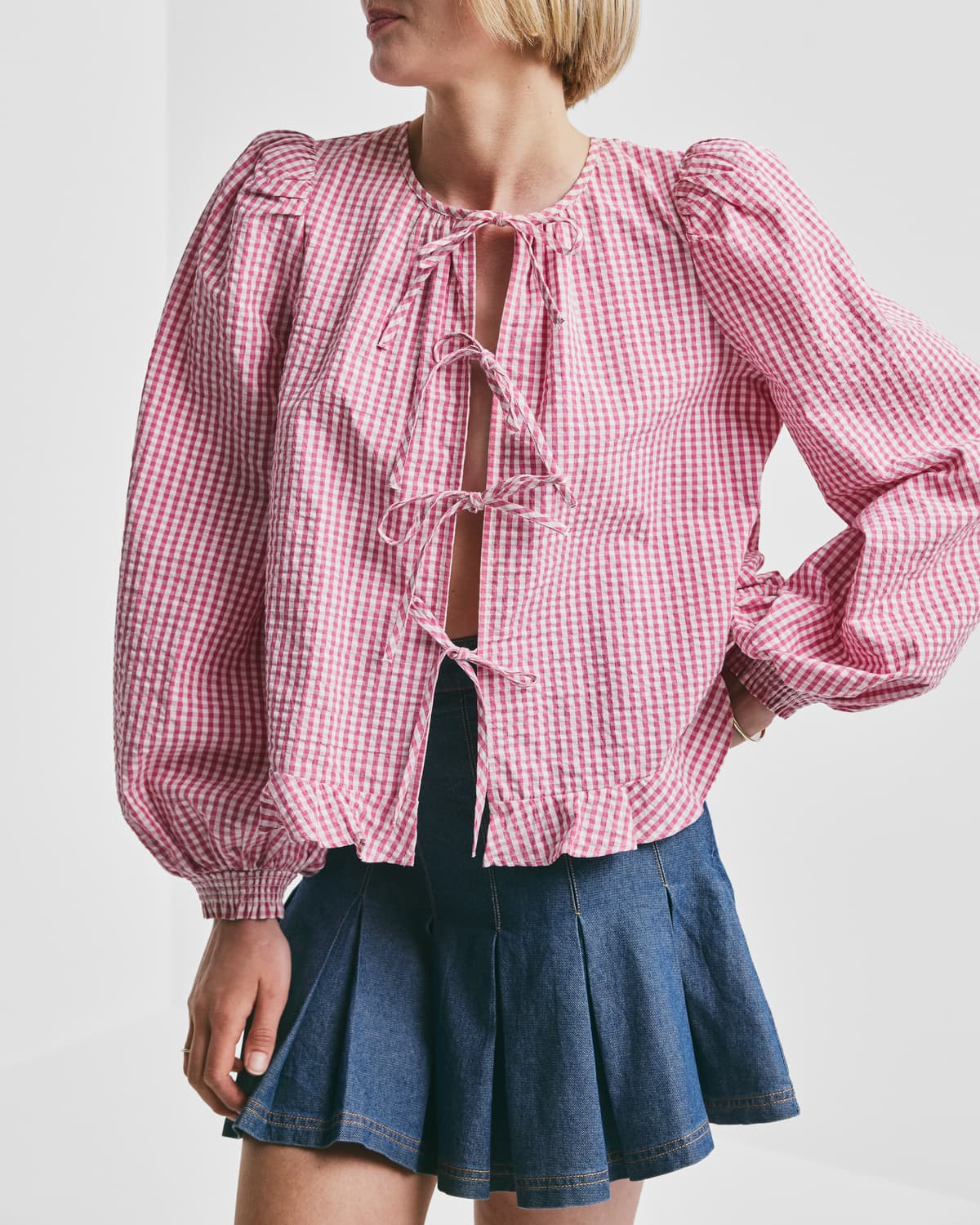 Seersucker Bow Blouse, Pink Checks. Image #2