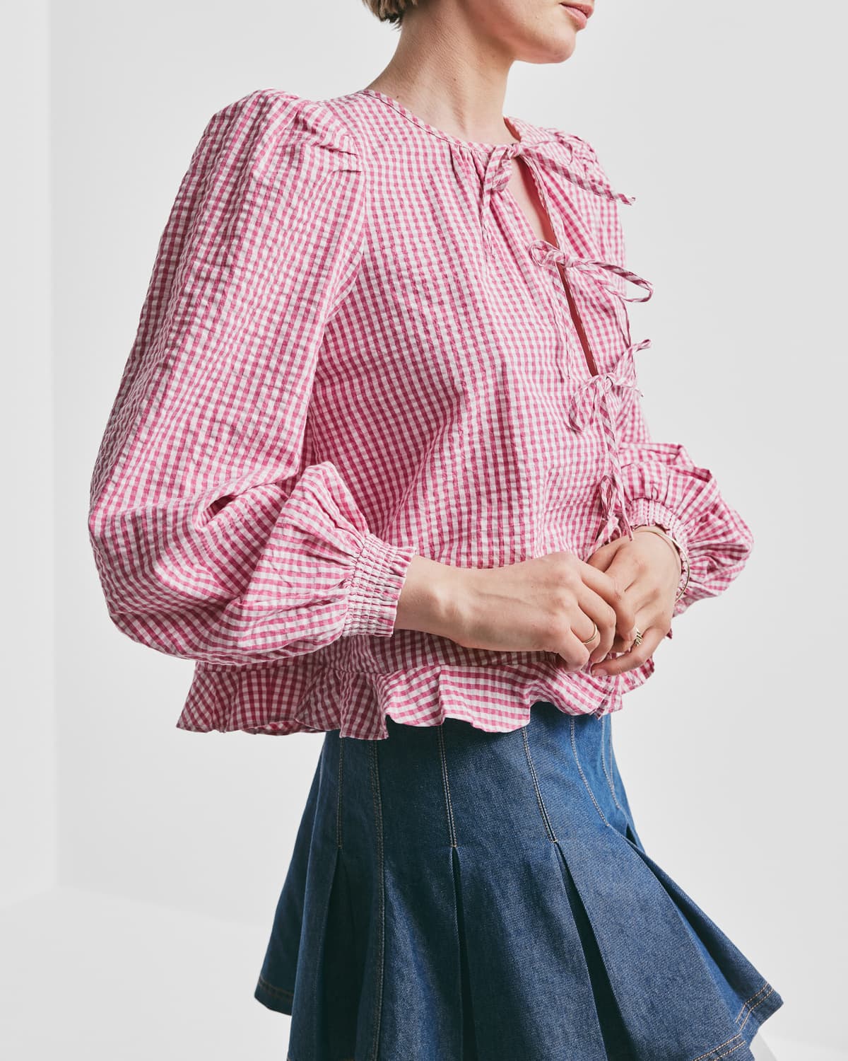 Seersucker Bow Blouse, Pink Checks. Image #3