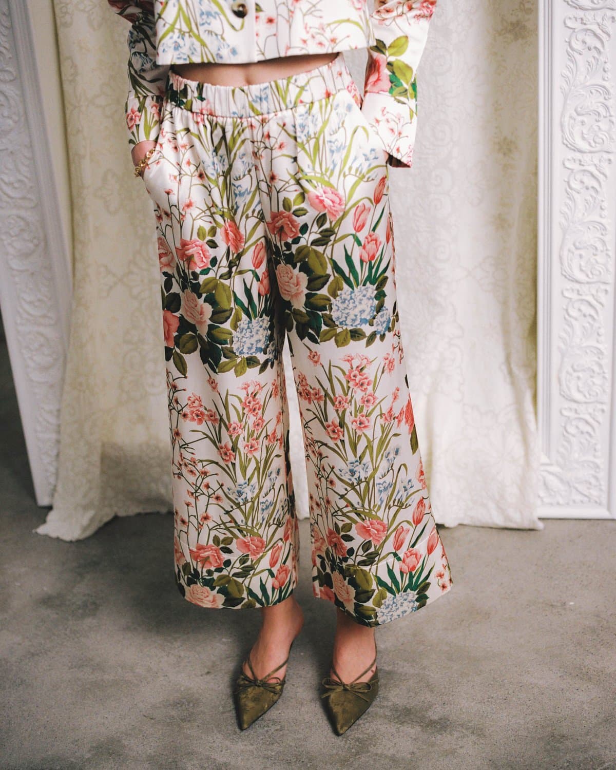Tailored Satin Trousers, Flower Fields. Image #1