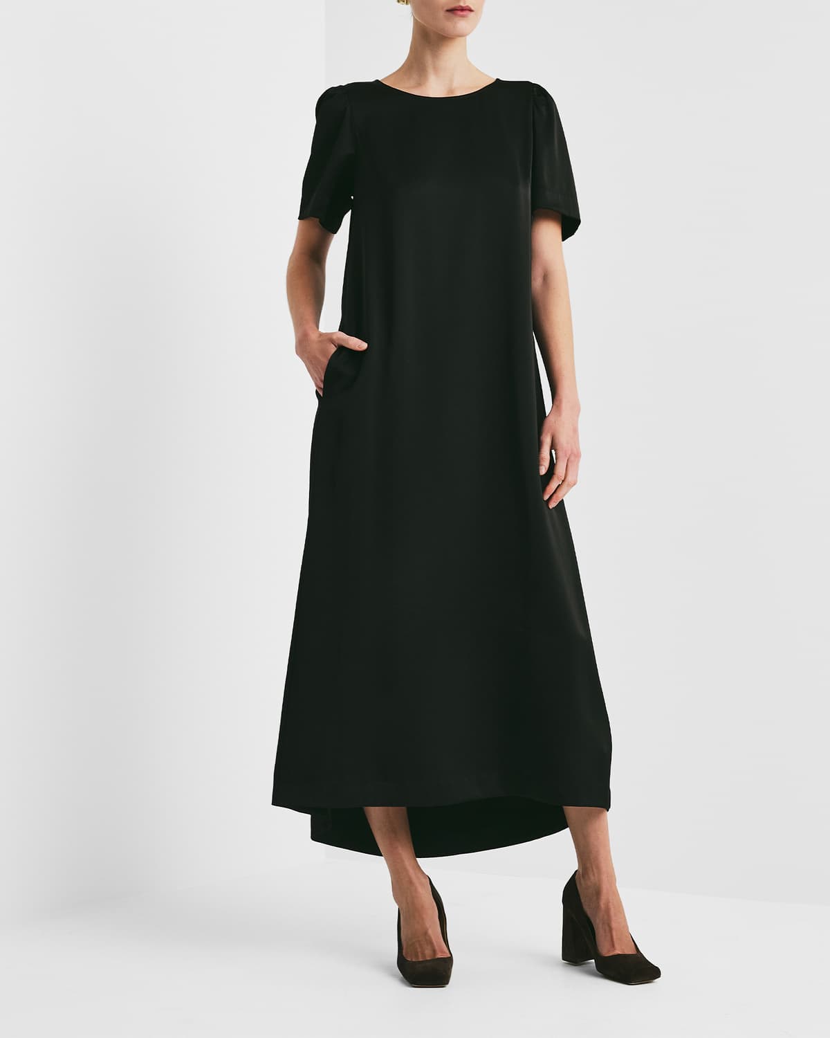 Tailored Satin Relaxed Dress, Black. Image #2
