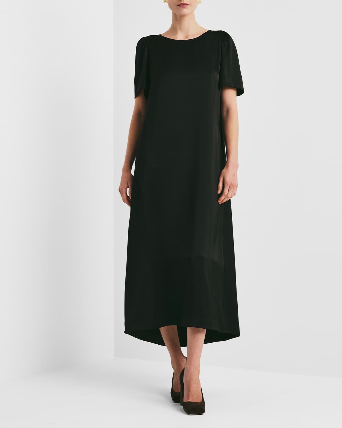 Tailored Satin Relaxed Dress, Black. Image #1