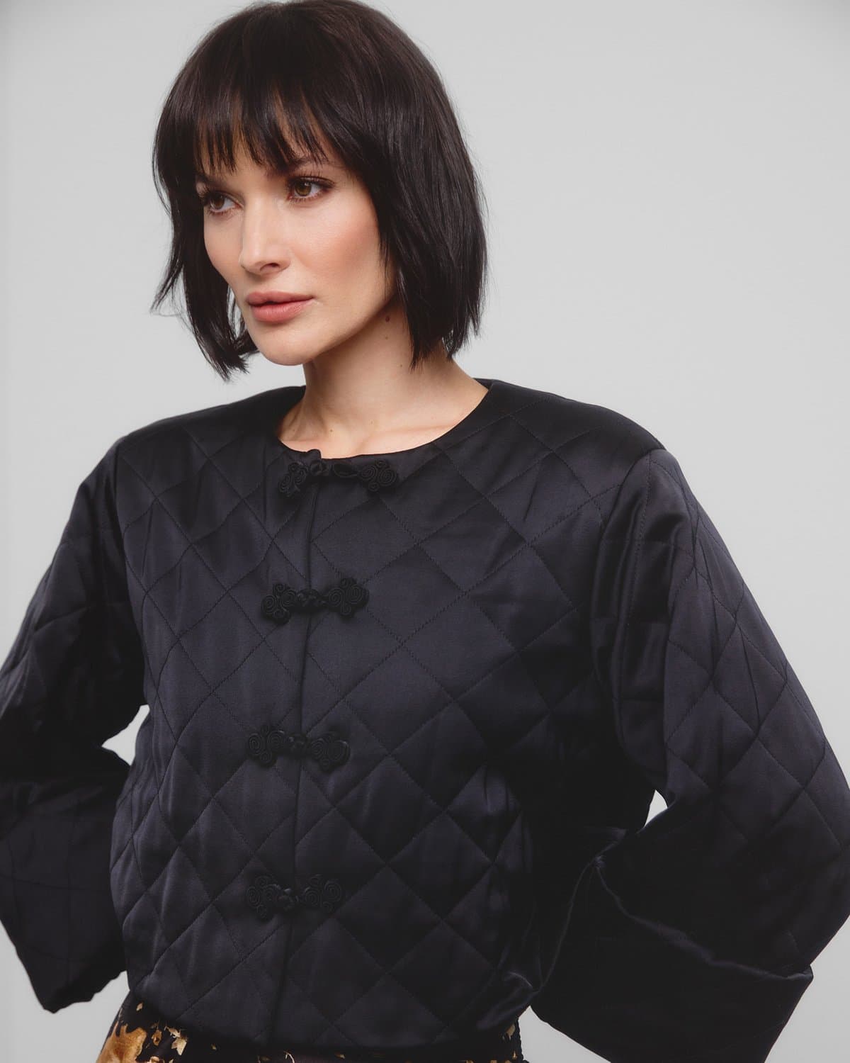 Tailored Satin Flared Jacket, Black. Image #2