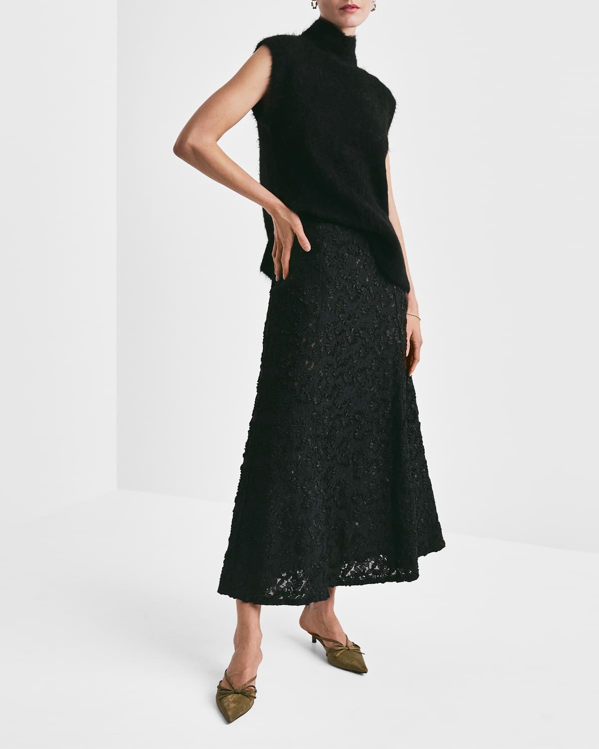 Embroidery Lace Midi Skirt, Black. Image #1