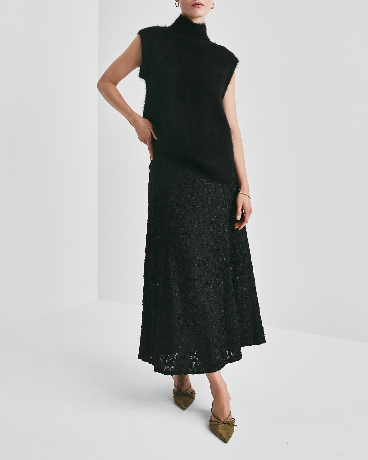 Embroidery Lace Midi Skirt, Black. Image #2