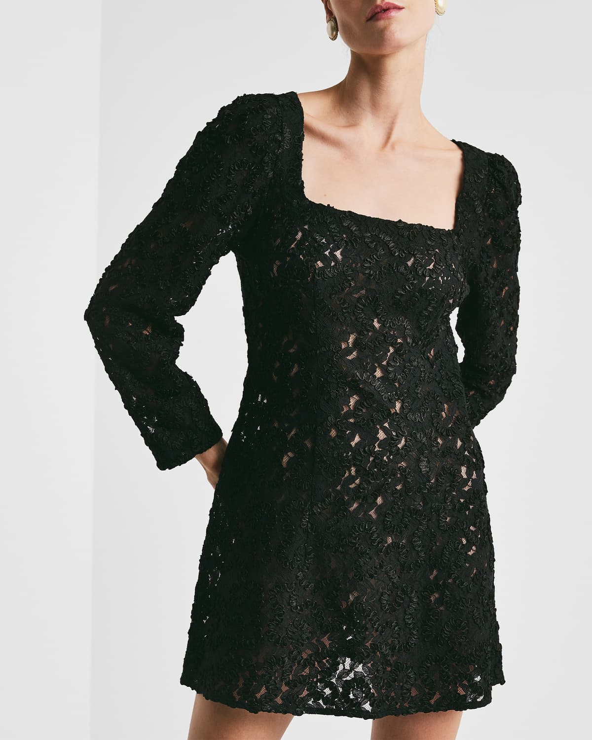 Embroidery Lace Mini Dress, Black. Image #3