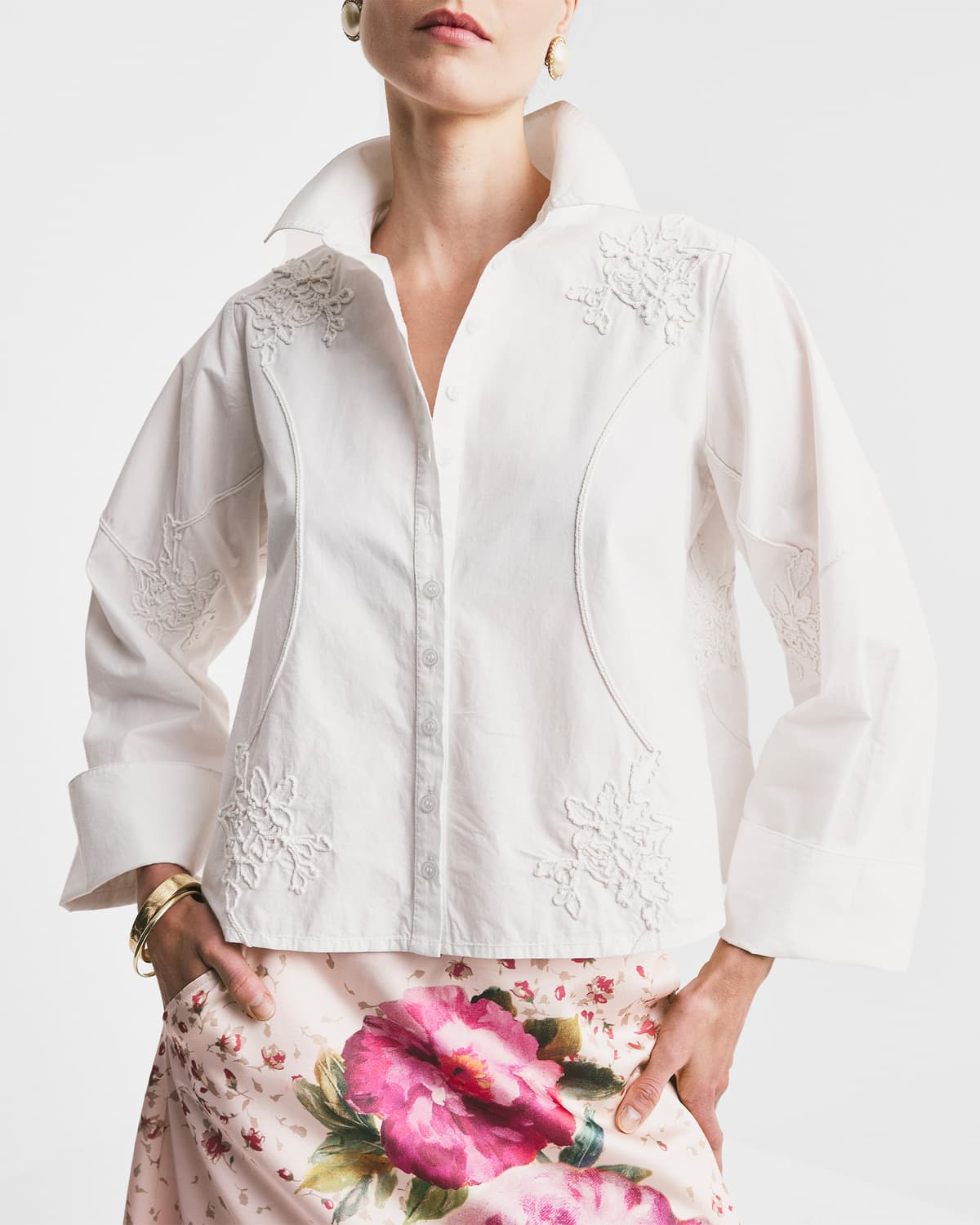 Embroidery Poplin Shirt, White. Image #3