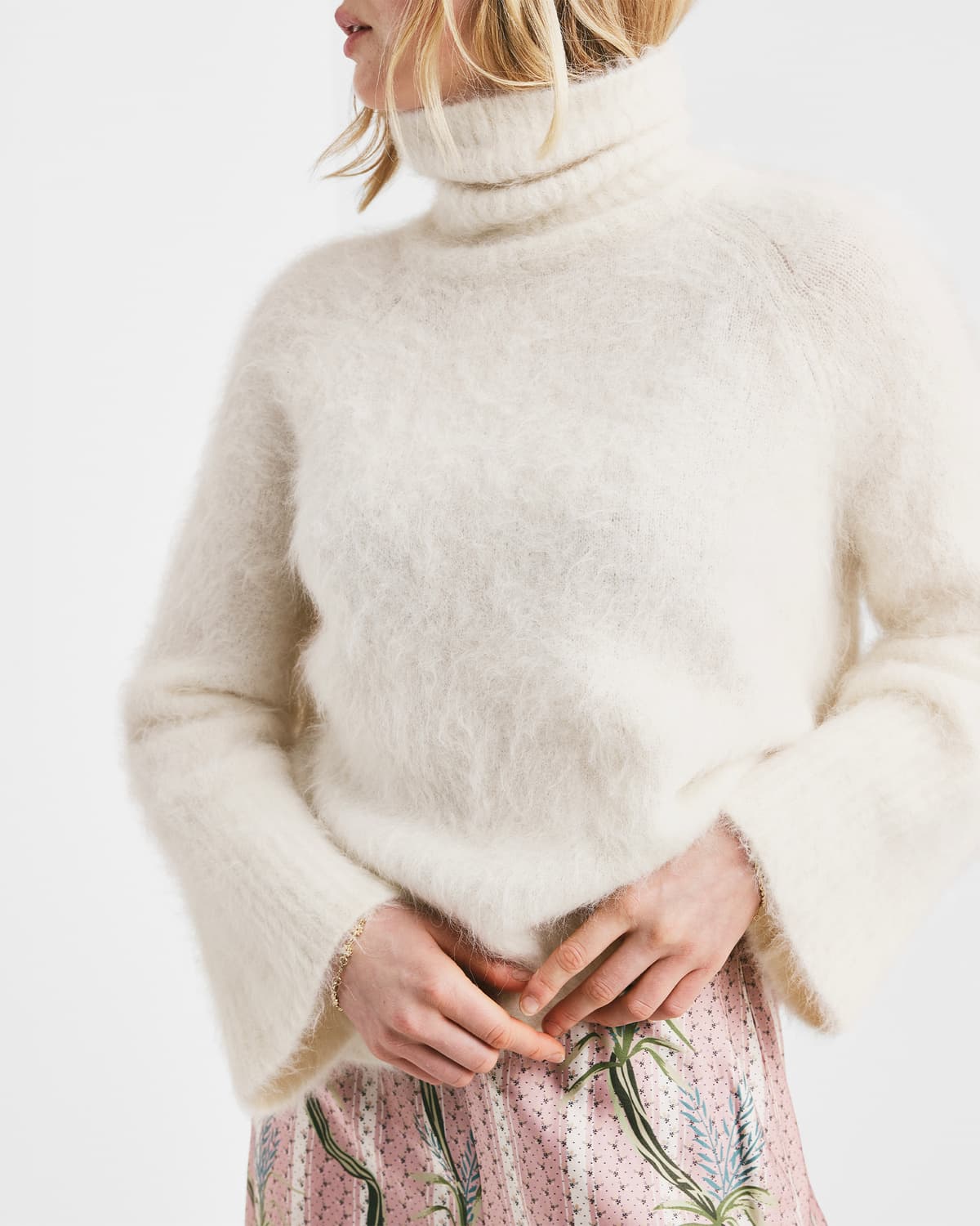 Hairy Knit Turtleneck Sweater, Off White. Image #1