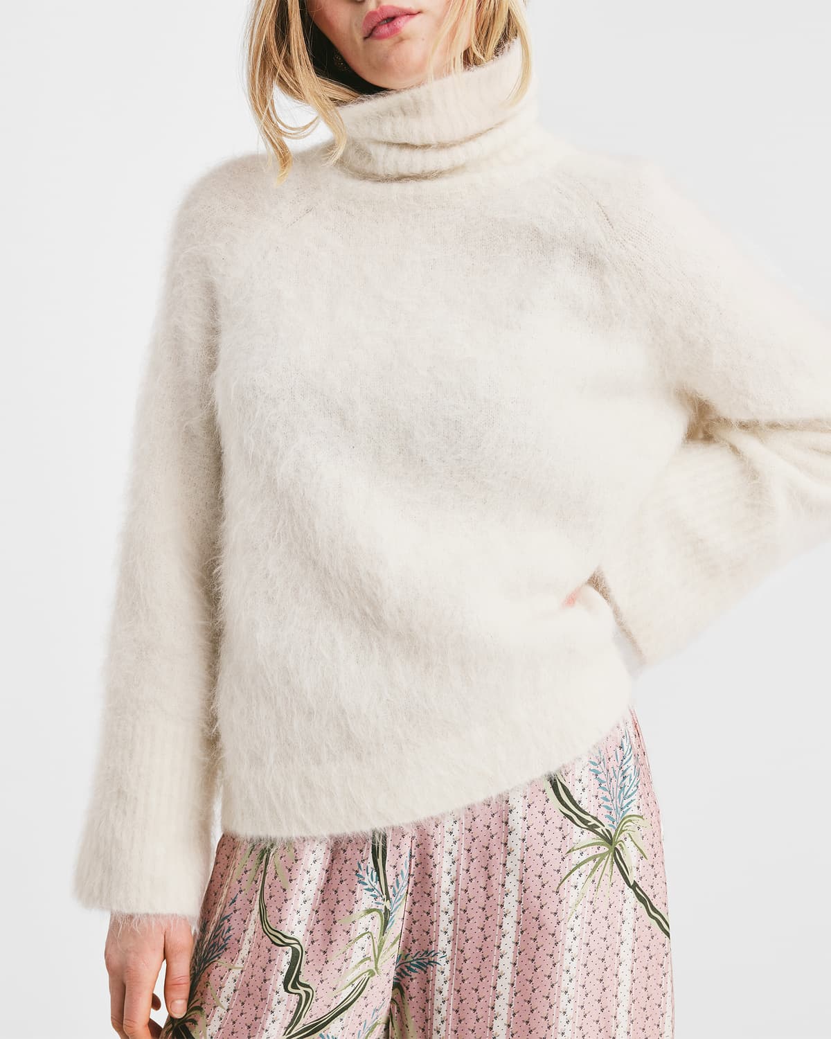 Hairy Knit Turtleneck Sweater, Off White. Image #2
