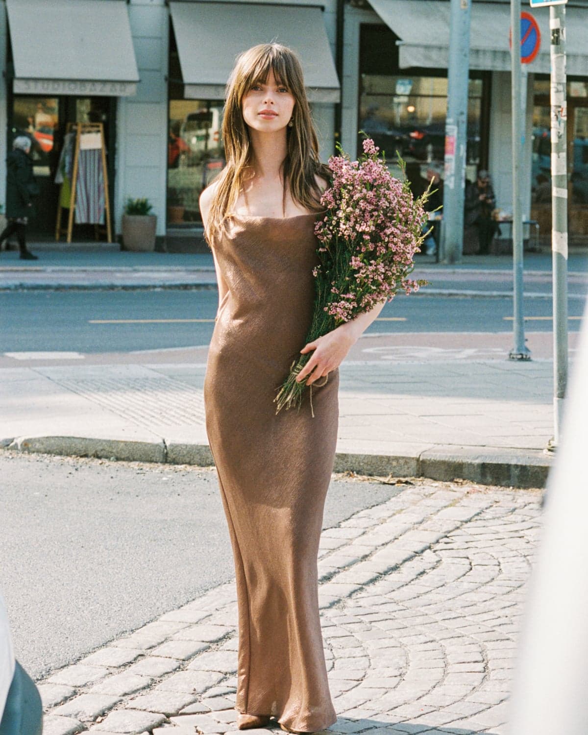brown slip dress byTiMo | Shiny Slip Dress