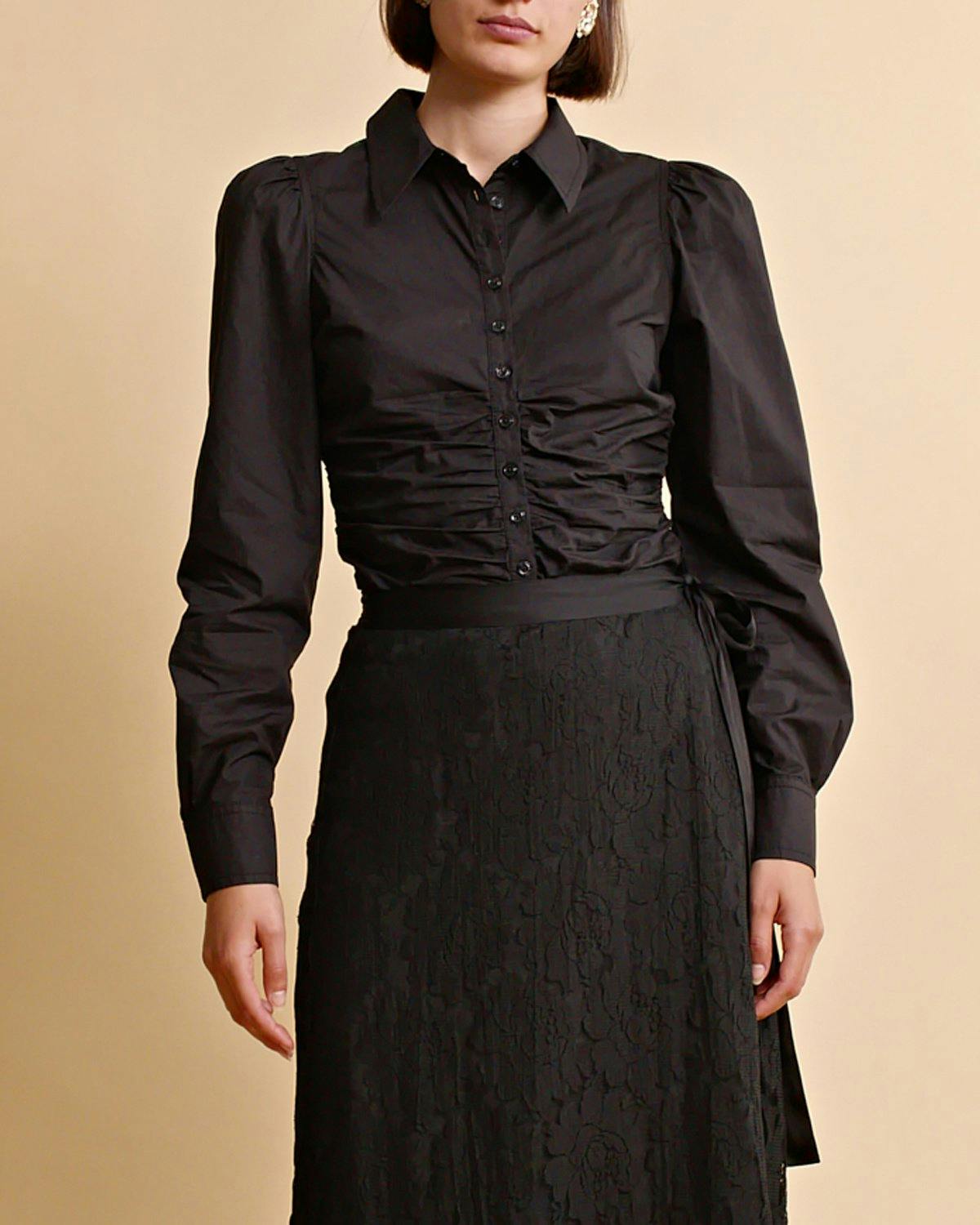 Poplin Rouching Shirt, Black. Image #2