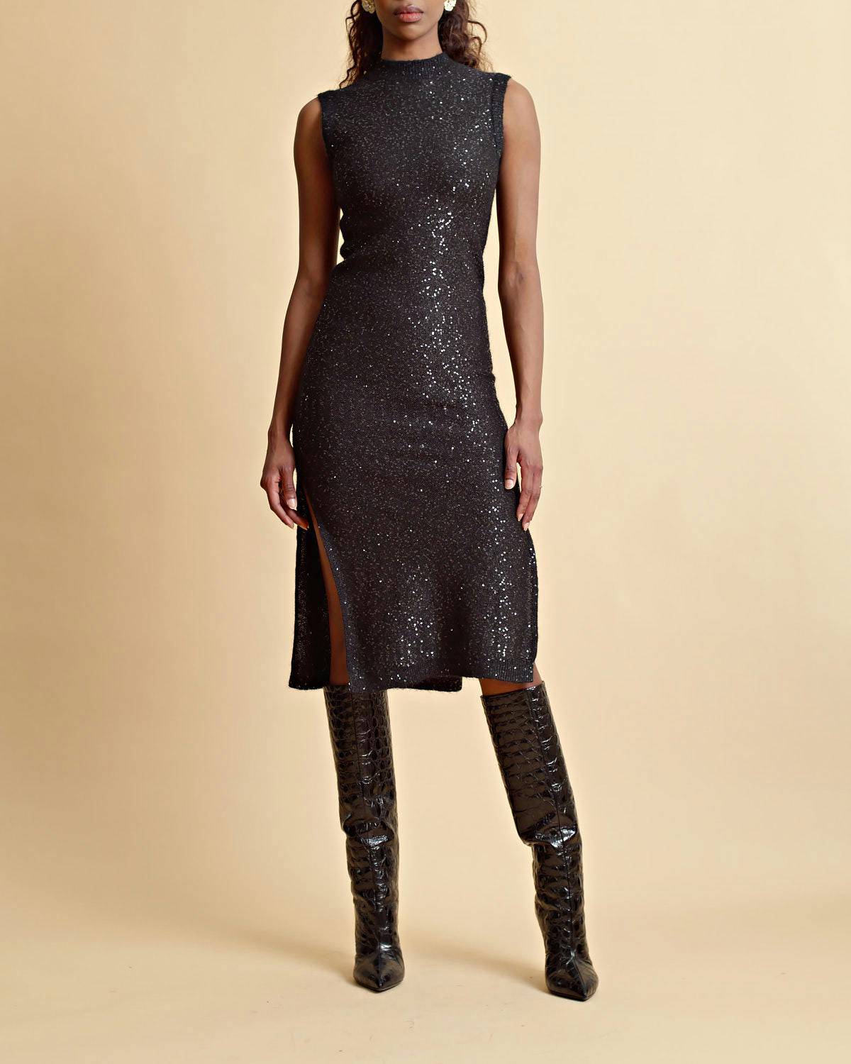 Glitter Knit Midi Dress, Black. Image #1