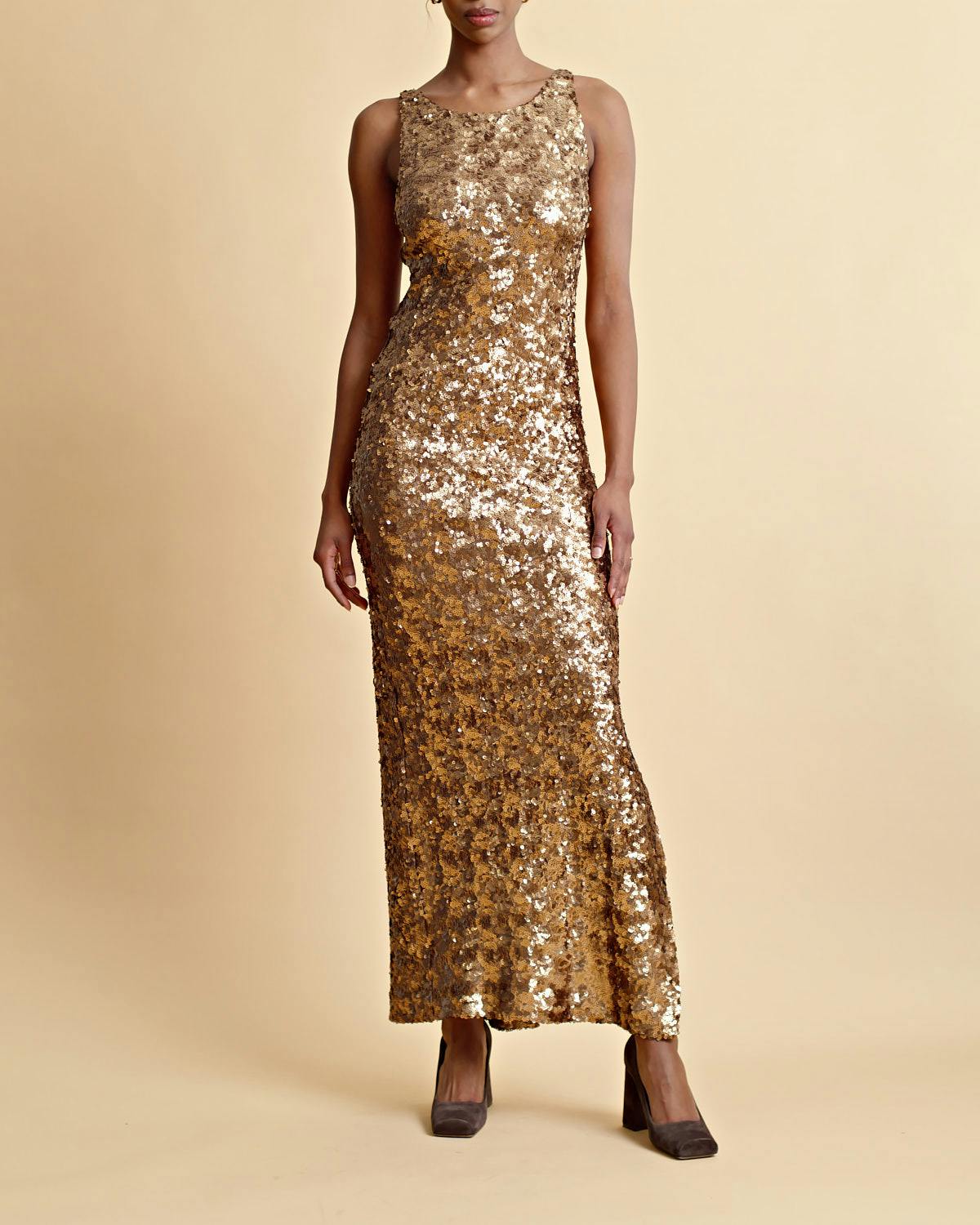 Sequins Maxi Dress, Golden. Image #5