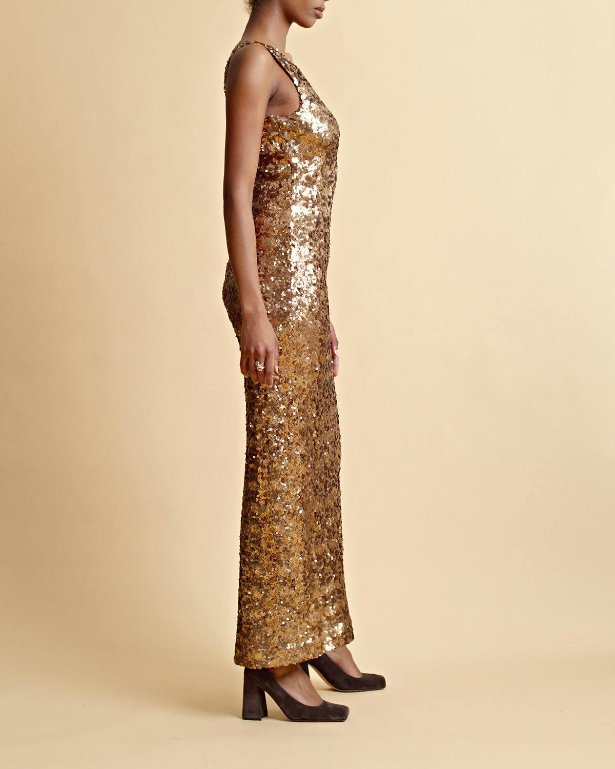 Sequins Maxi Dress, Golden. Image #7