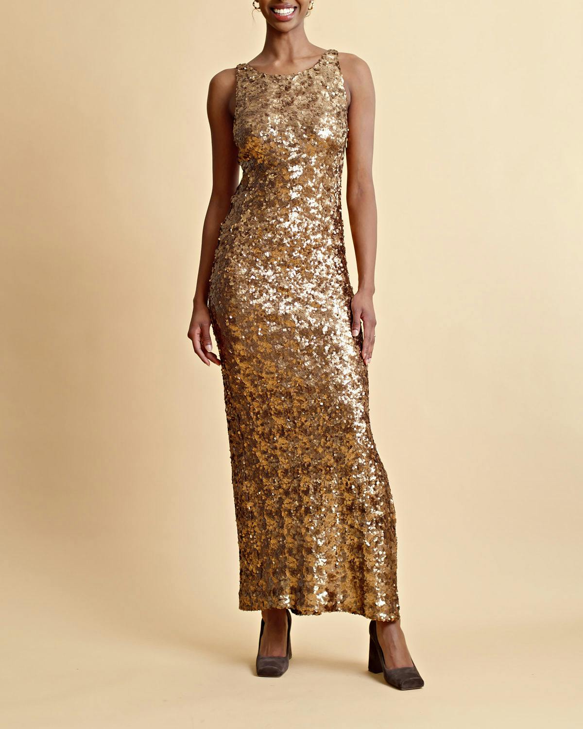 Sequins Maxi Dress, Golden. Image #9