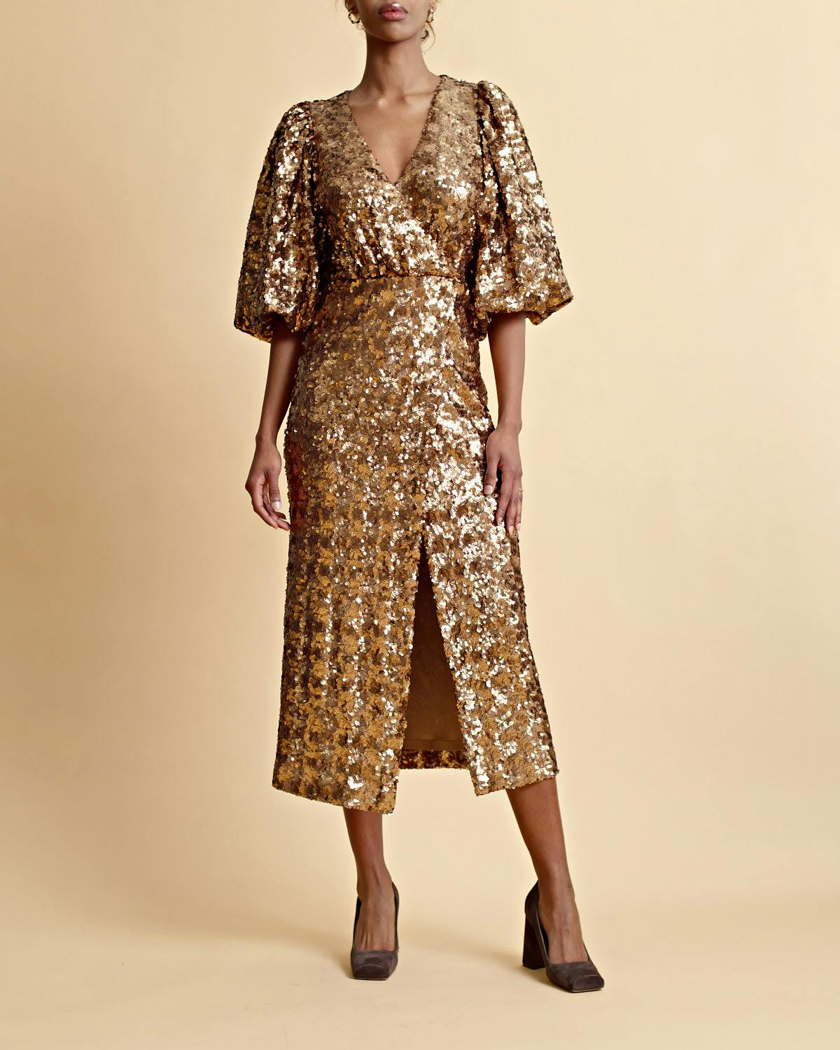 Sequins Midi Dress, Golden. Image #4