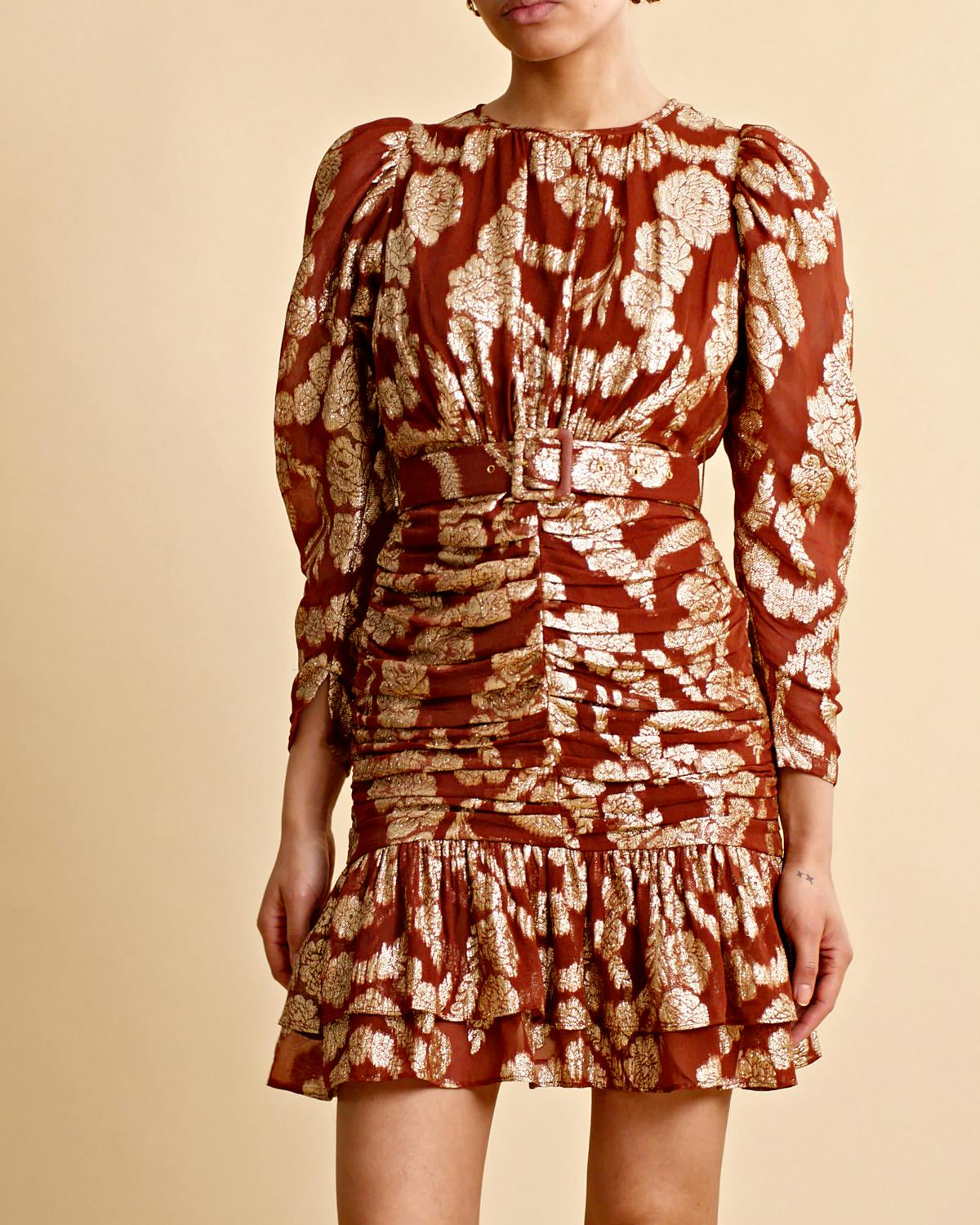 Brocade Georgette  Mini Dress, Rust. Image #3