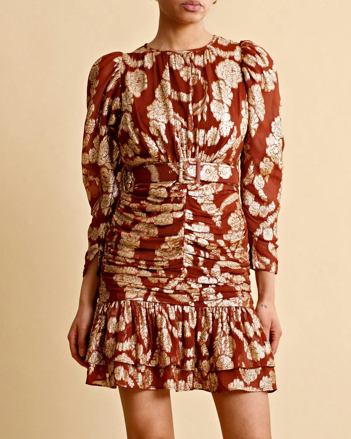 Brocade Georgette  Mini Dress, Rust. Image #7