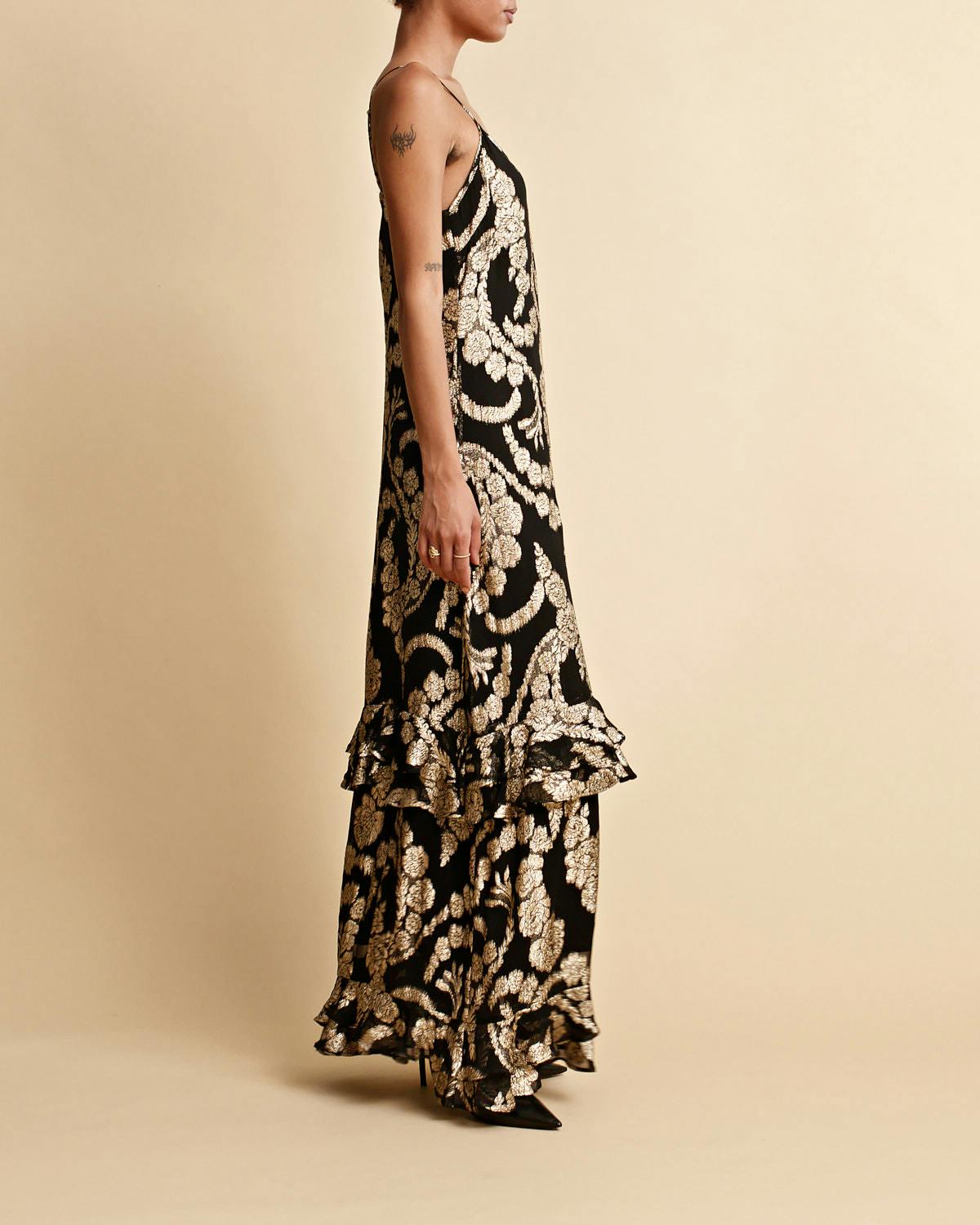 Brocade Georgette  Strap Dress, Black. Image #4