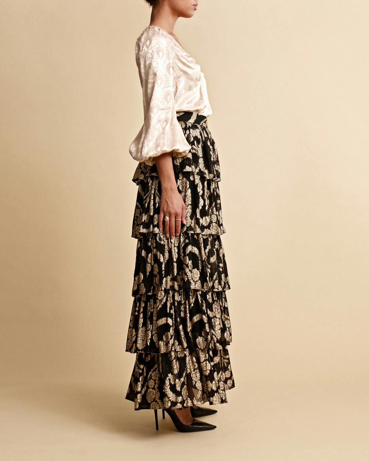 Brocade Georgette  Ruffle Skirt, Black. Image #4