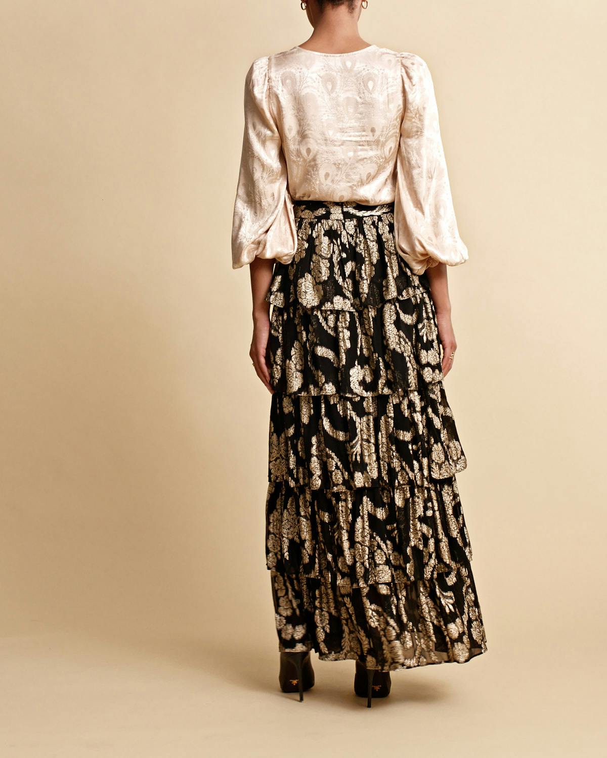 Brocade Georgette  Ruffle Skirt, Black. Image #5