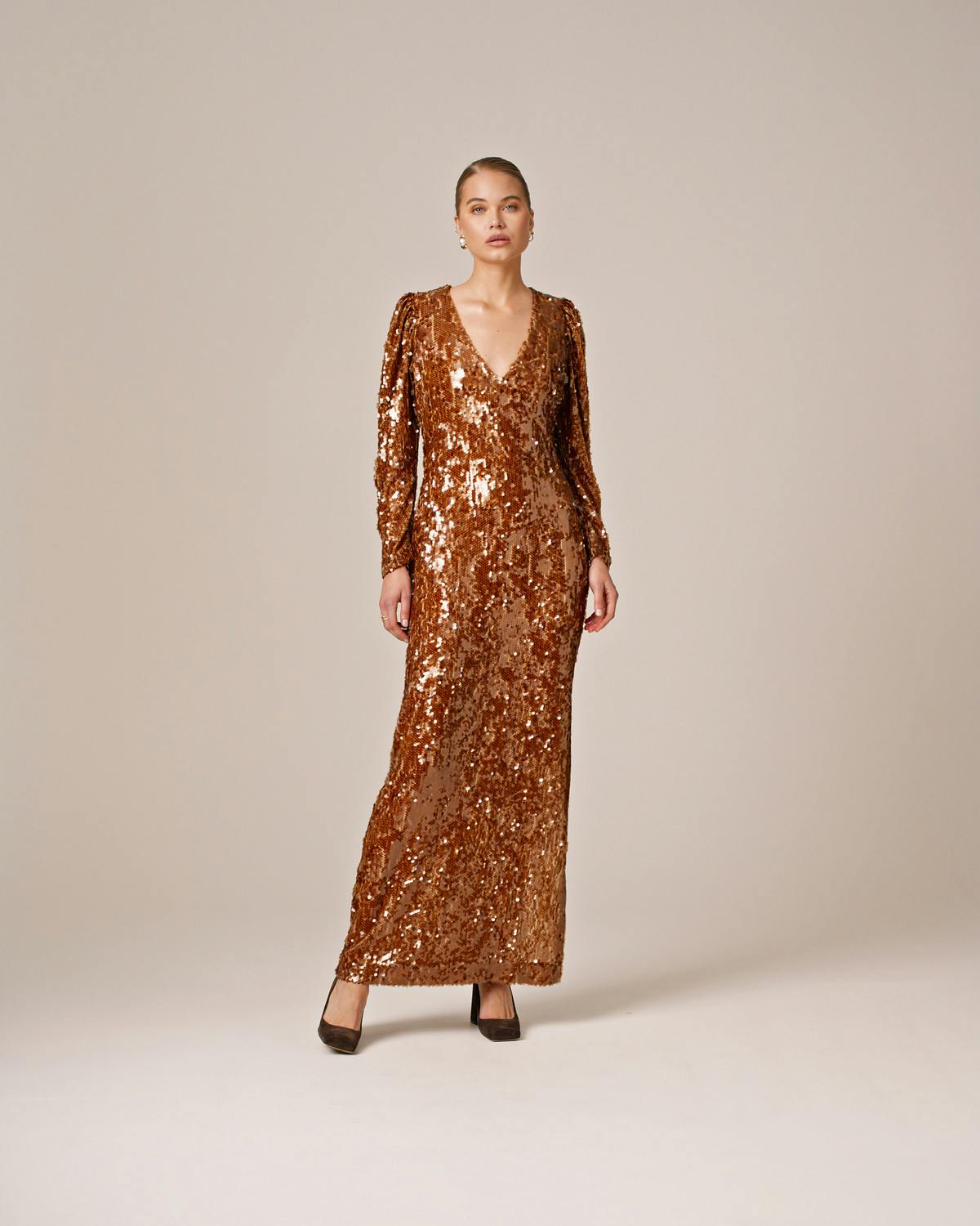 Sequins Maxi Dress, Golden. Image #1