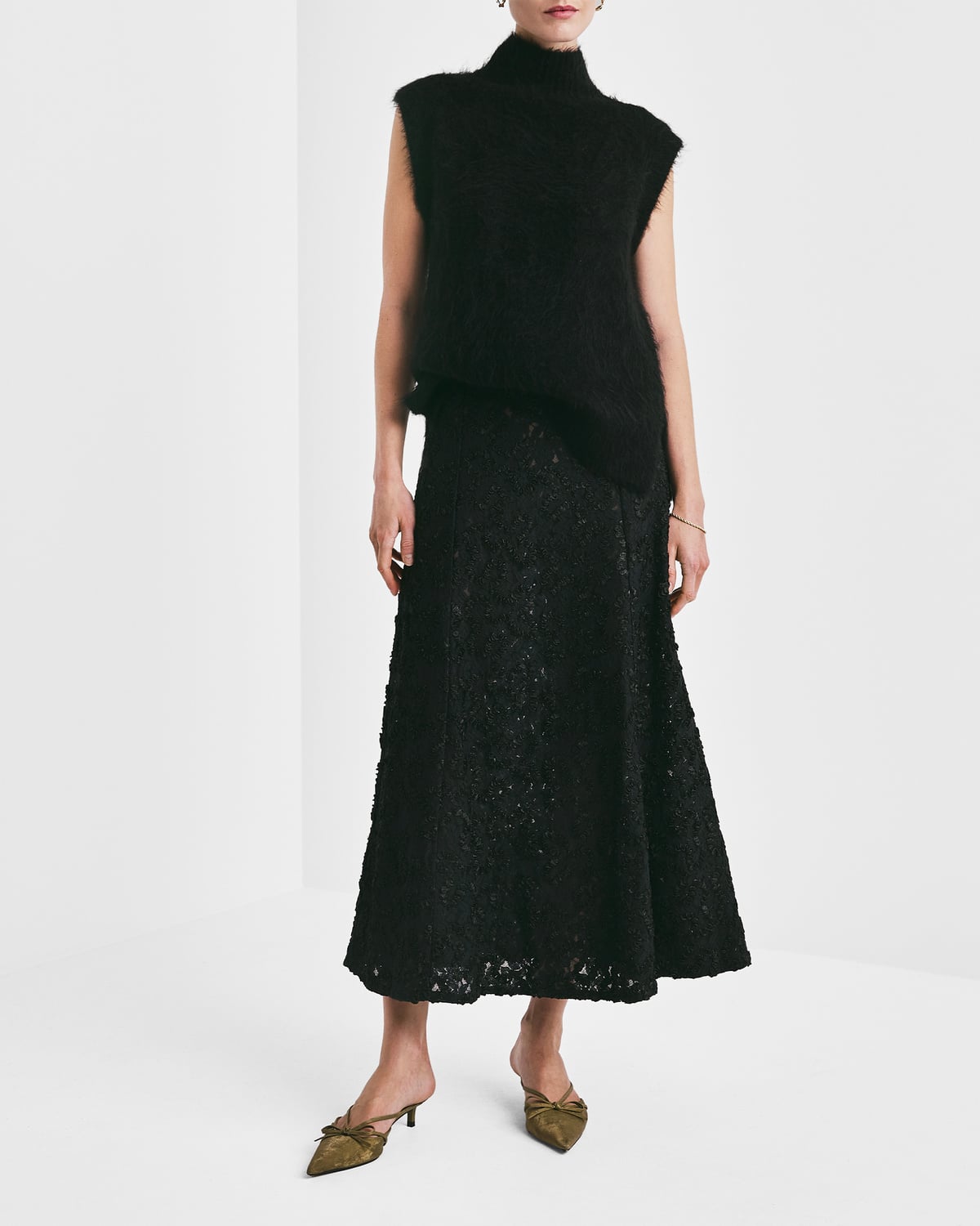 Embroidery Lace Midi Skirt, Black. Image #8