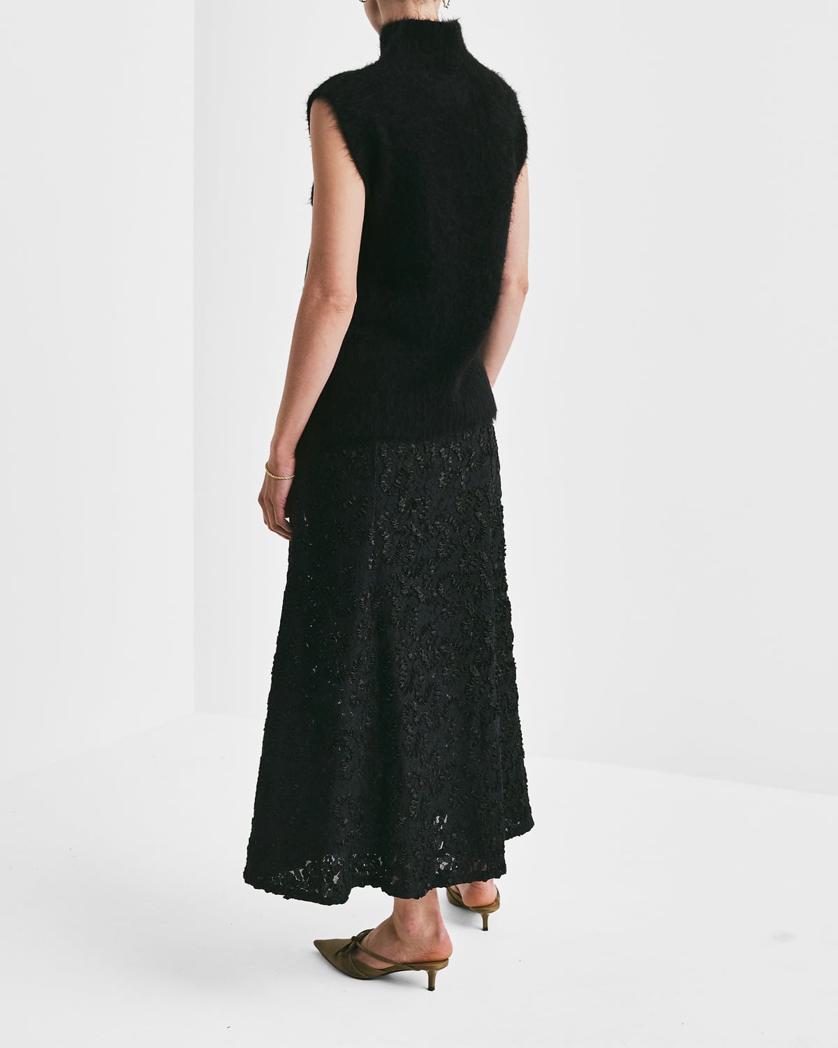 Embroidery Lace Midi Skirt, Black. Image #7