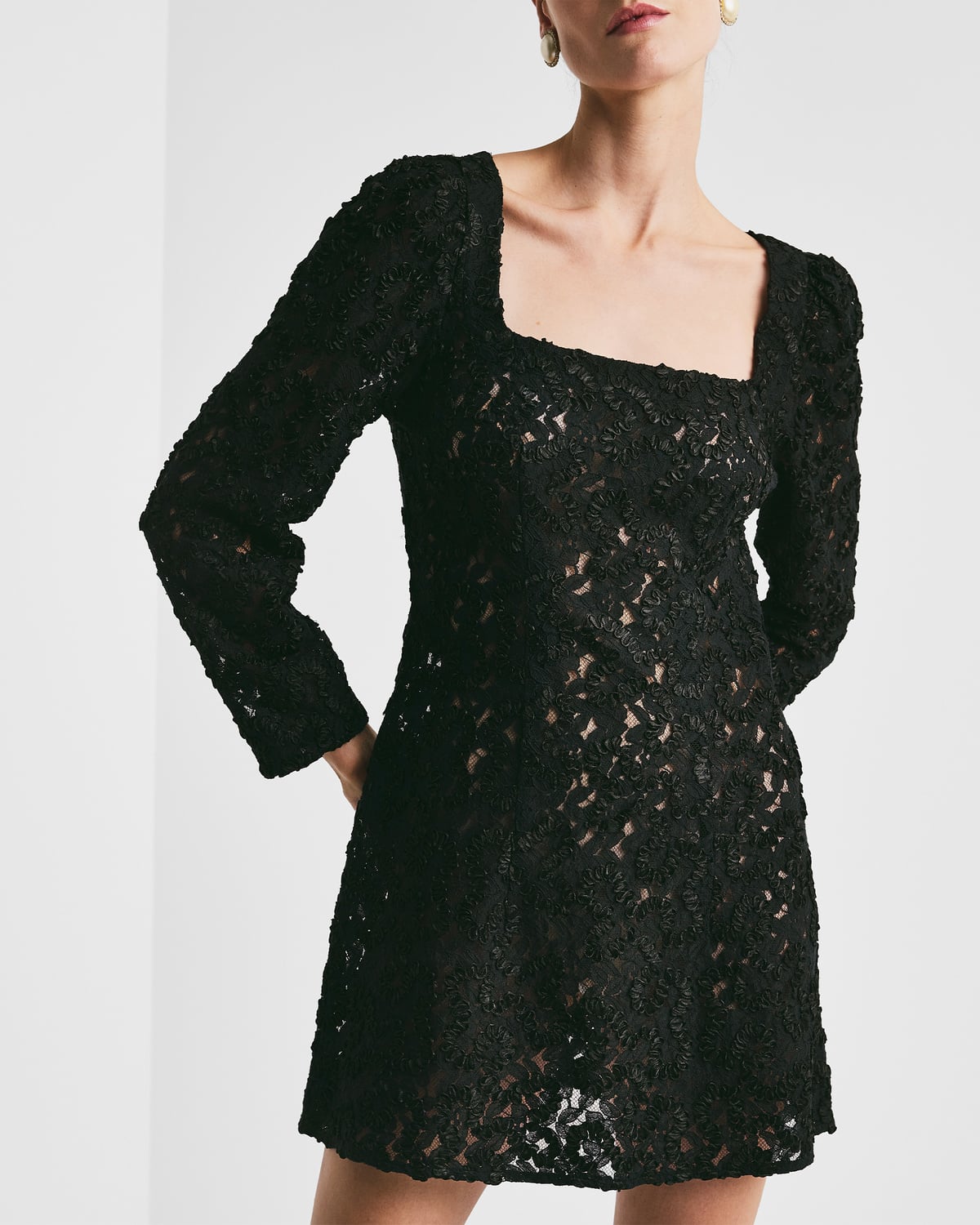 Embroidery Lace Mini Dress, Black. Image #3